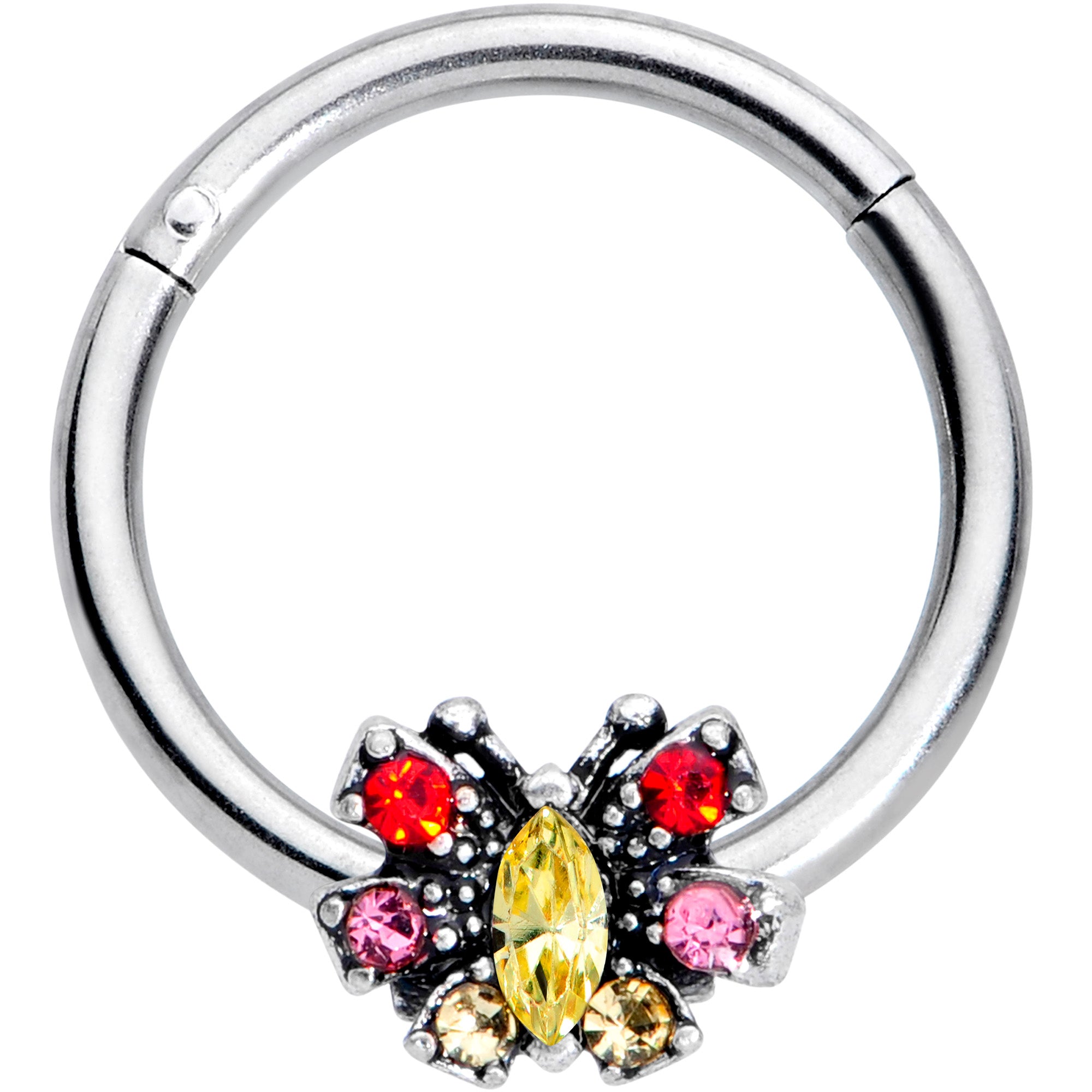 16G 3/8 Red Pink Gem Art Deco Butterfly Hinged Segment Ring