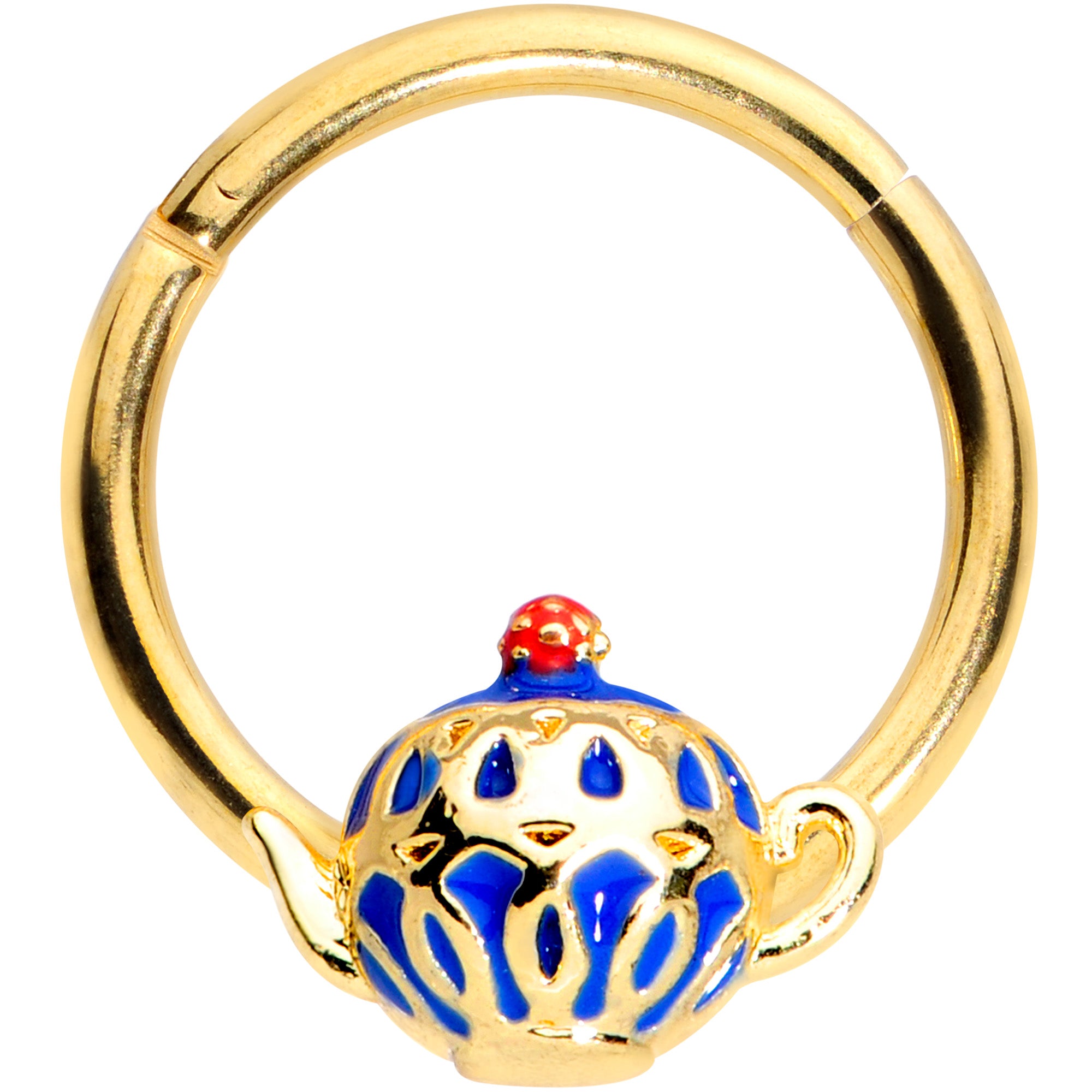 16G 3/8 Gold Tone Blue Teapot Hinged Segment Ring
