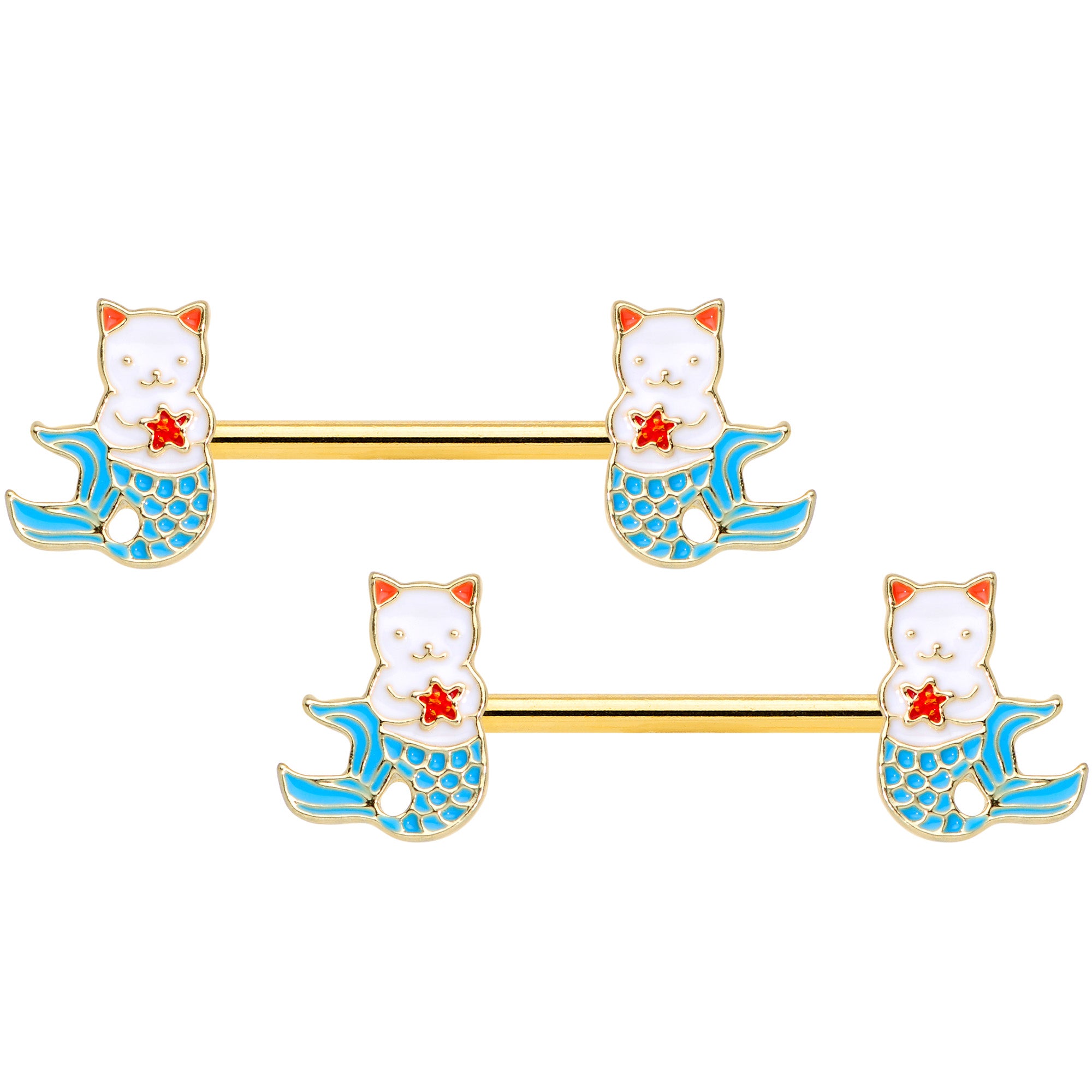 14G 9/16 Gold Tone Blue Star Cat Mermaid Barbell Nipple Ring Set