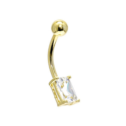 16G Solid 14K Yellow Gold Cubic Zirconia RECTANGULAR SOLITAIRE Belly Ring