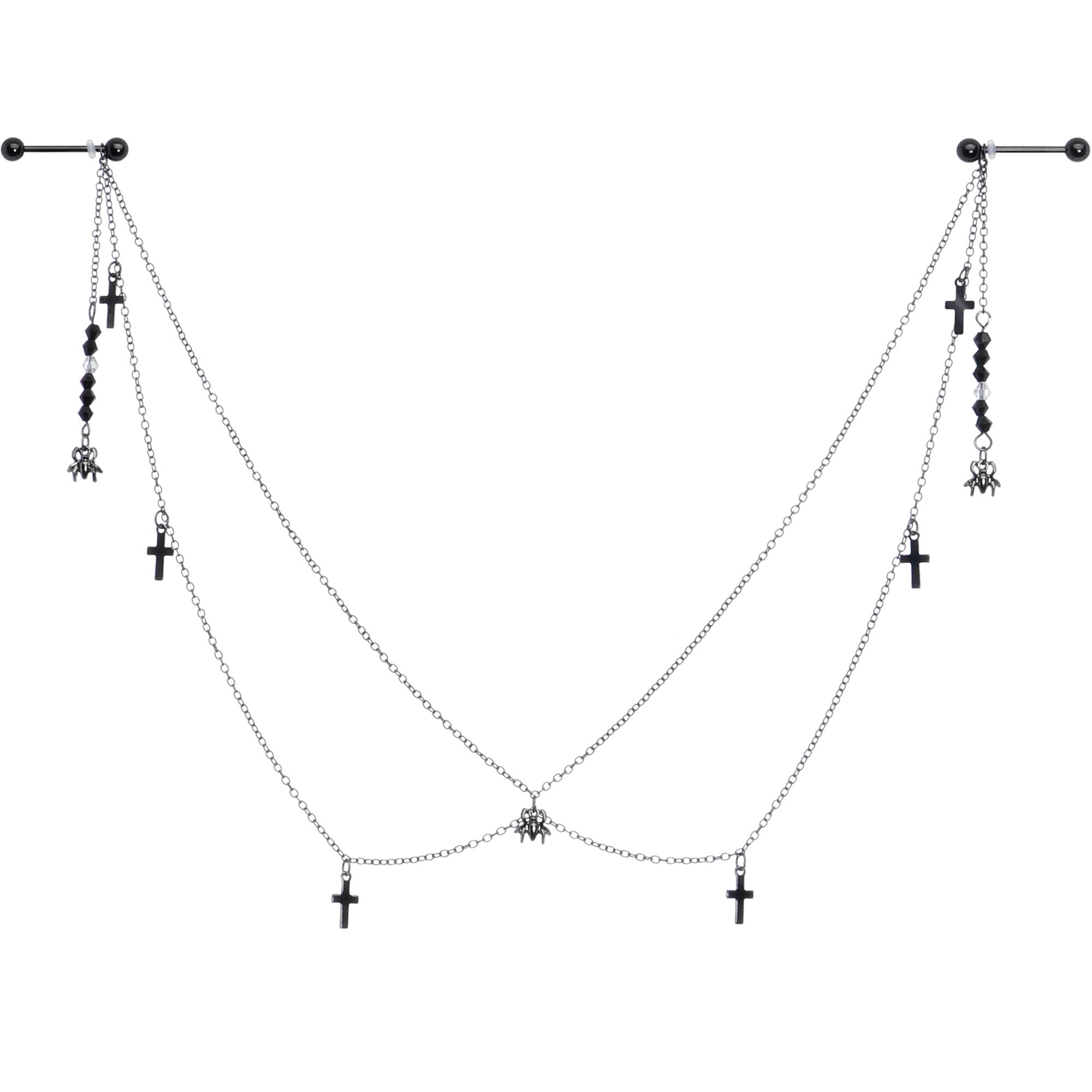 14G 9/16 Black Gem Spider Cross Halloween Dangle Nipple Chain