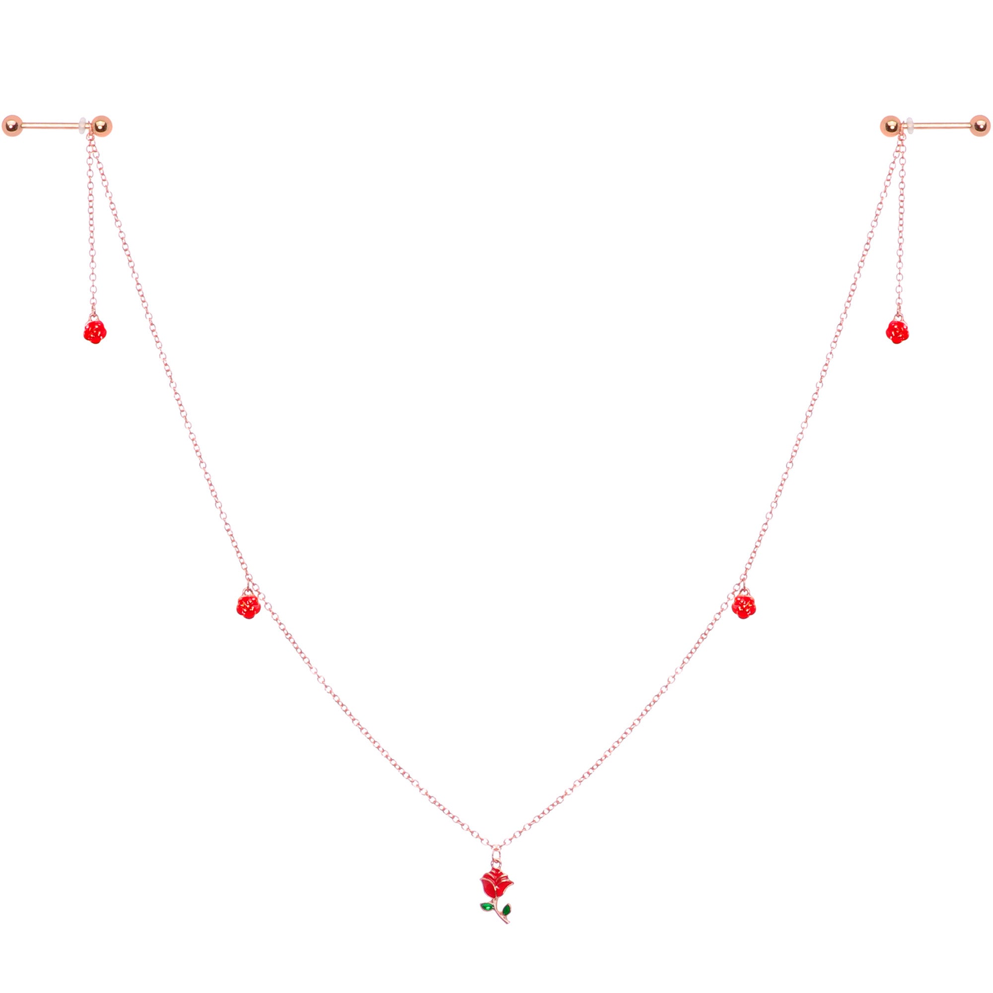 14G 9/16 Gold Tone Red Flower Valentine Dangle Nipple Chain