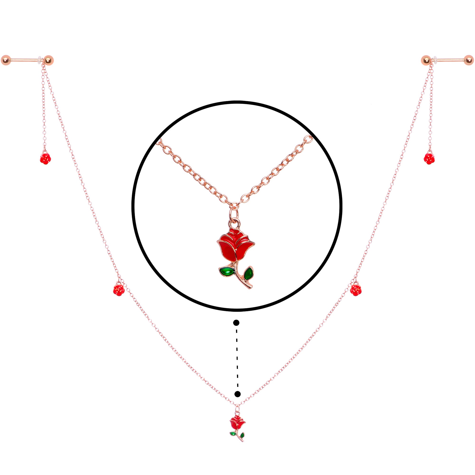 14G 9/16 Gold Tone Red Flower Valentine Dangle Nipple Chain