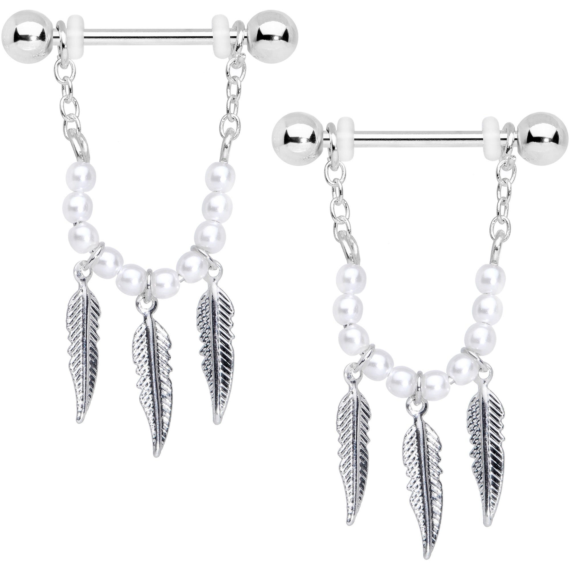 14G 5/8 White Pearlescent Bead Feather Dangle Nipple Ring Set