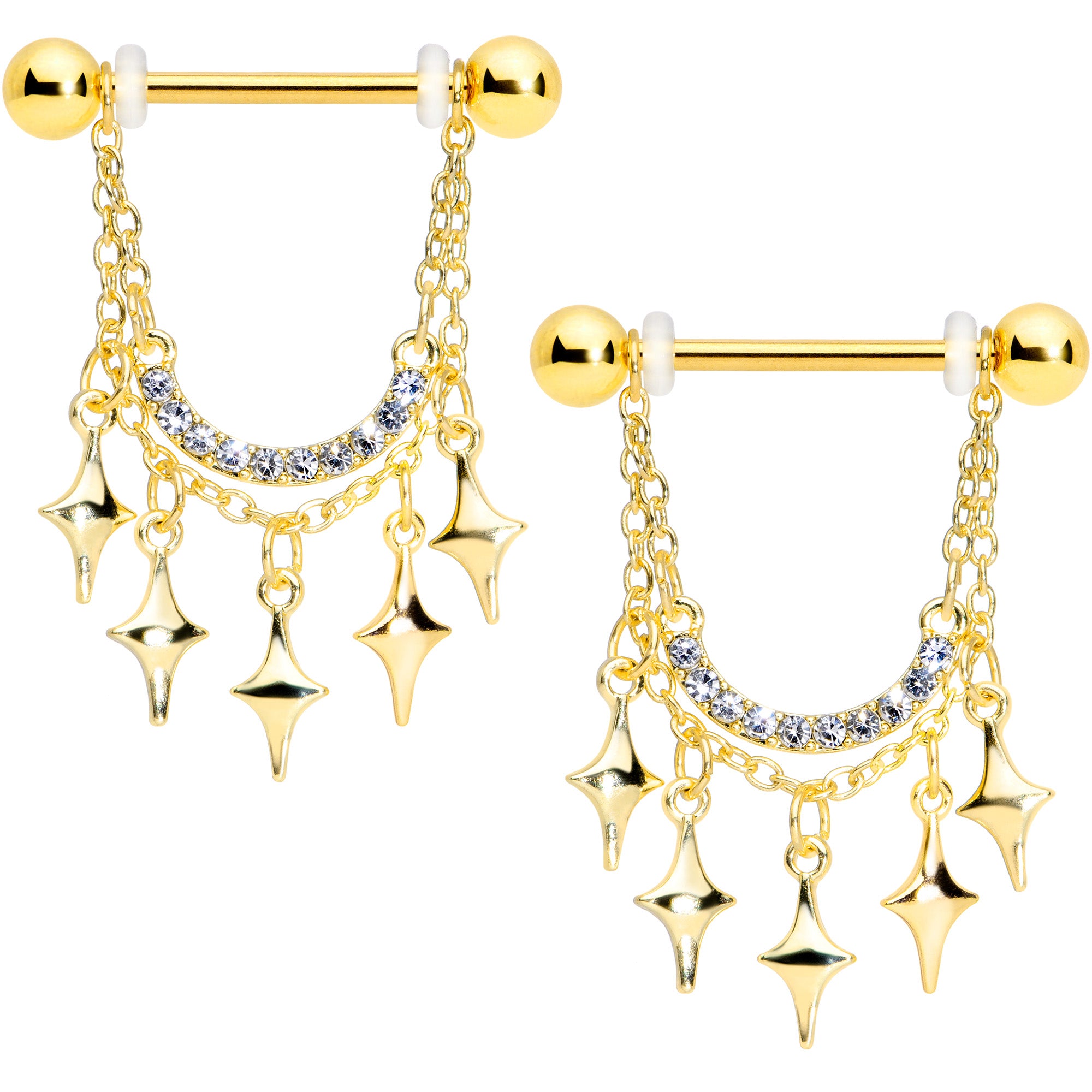 14G 9/16 Clear Gem Gold Tone Drama Dangle Nipple Ring Set