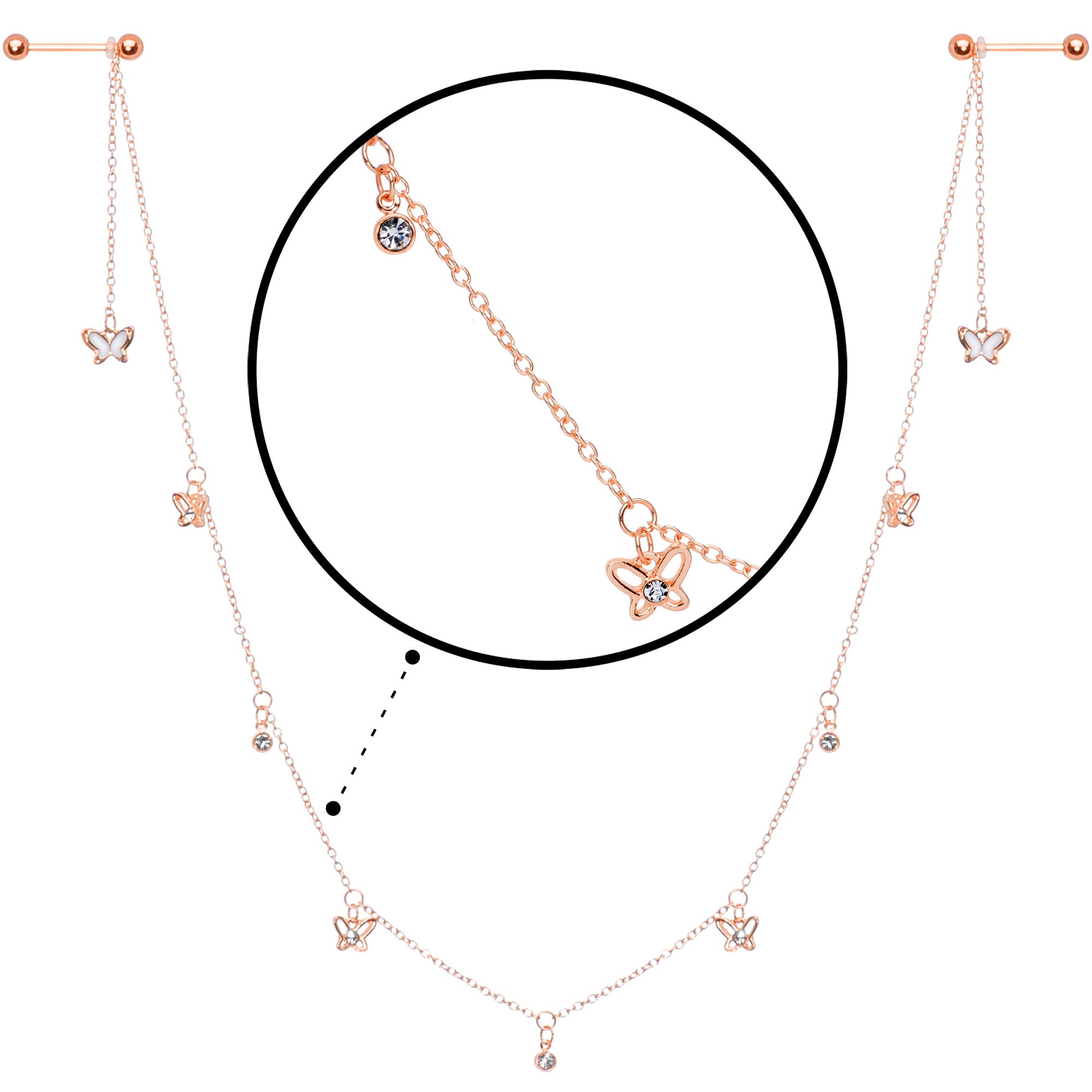 14G 9/16 Clear Gem Rose Gold Tone Butterfly Dangle Nipple Chain