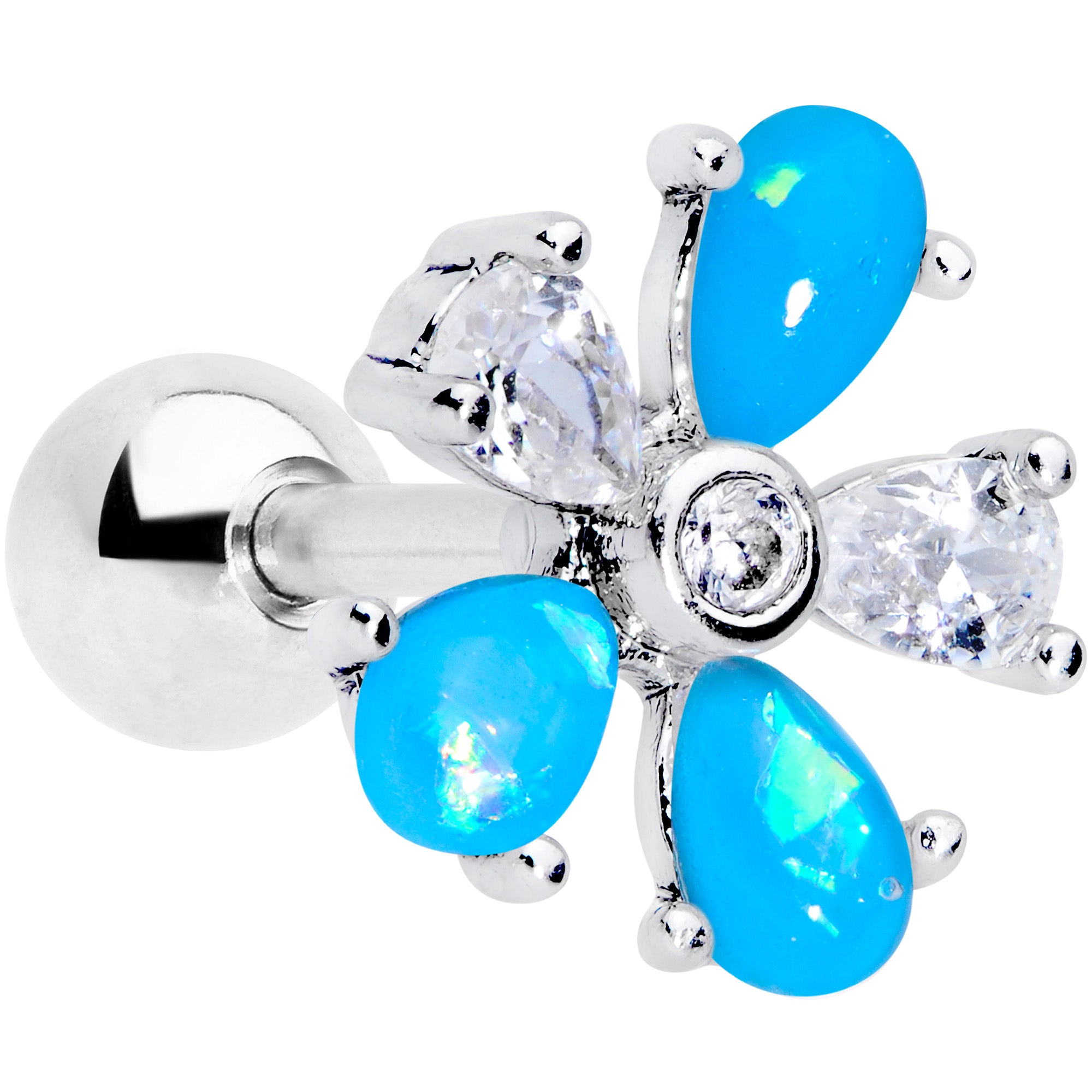 16G 1/4 Aqua Faux Opal Flower Cartilage Tragus