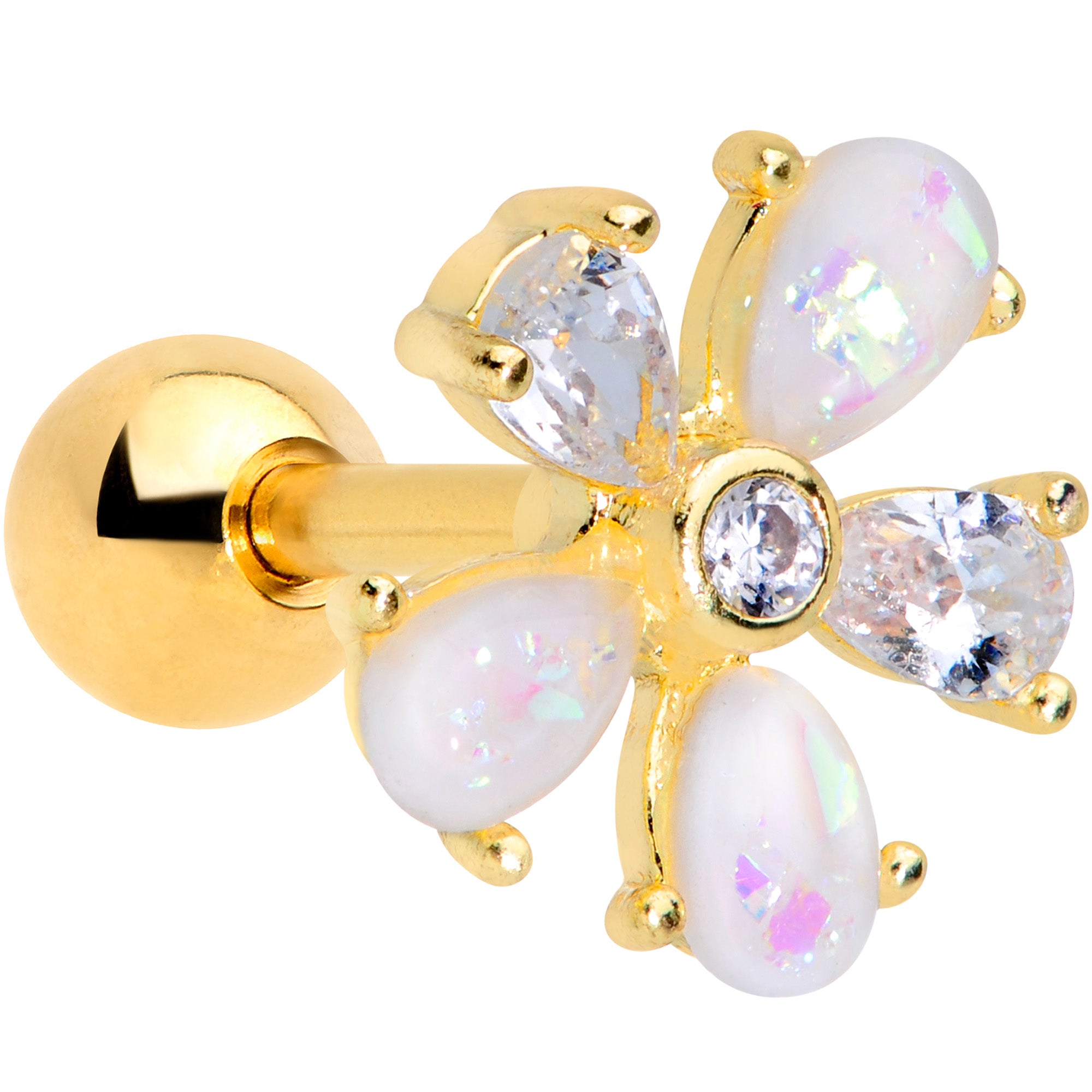 16G 1/4 White Faux Opal Gold Tone Flower Cartilage Tragus