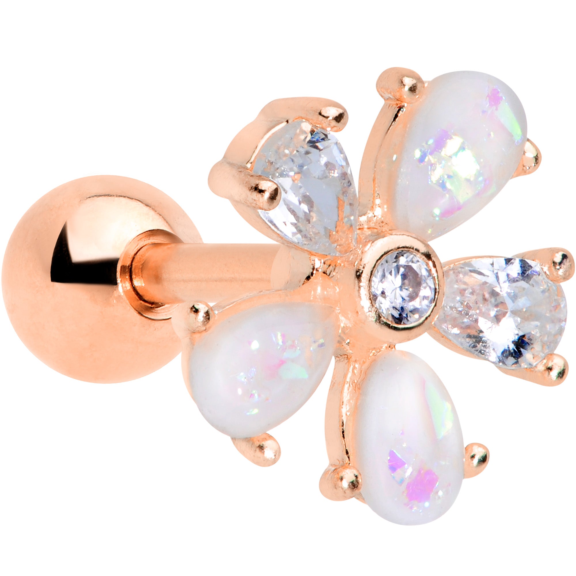 16G 1/4 White Faux Opal Rose Gold Tone Flower Cartilage Tragus