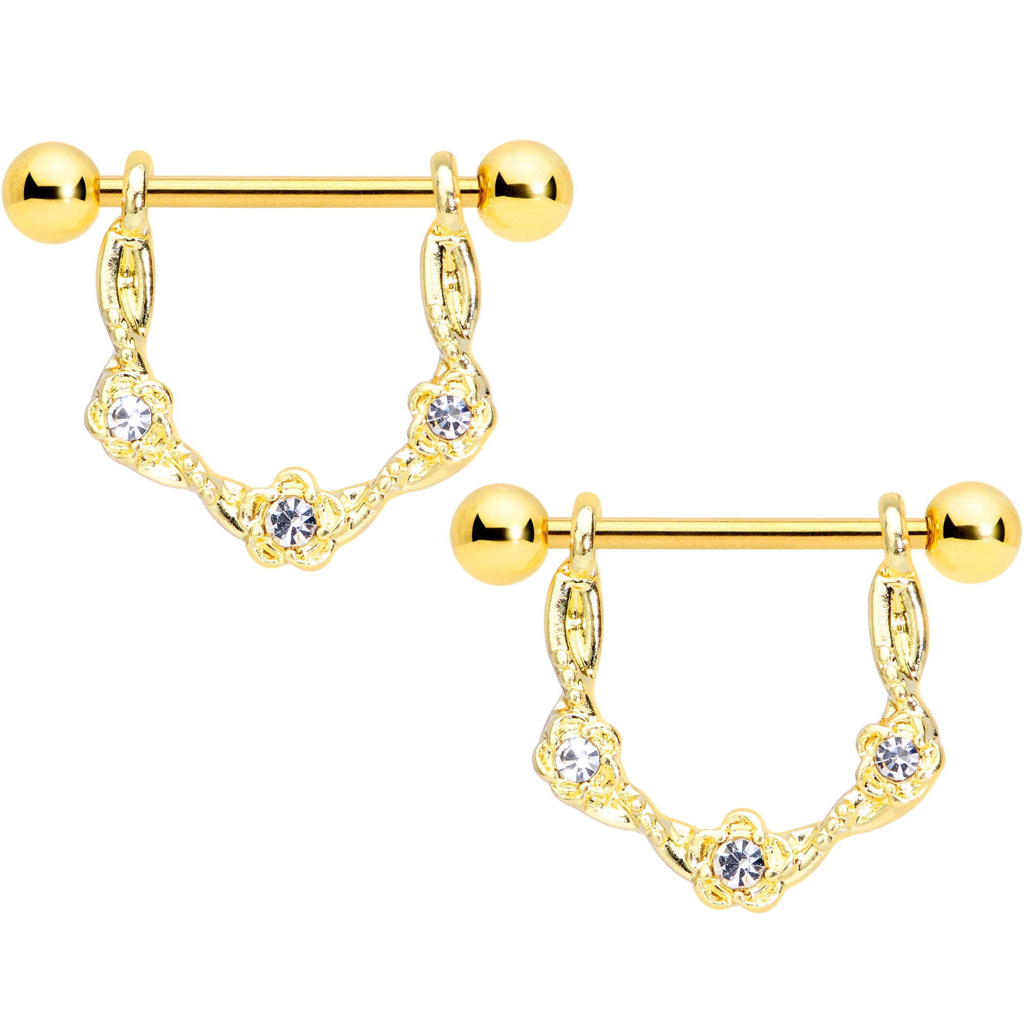 14G 5/8 Clear Gem Gold Tone Flower Dangle Nipple Ring Set