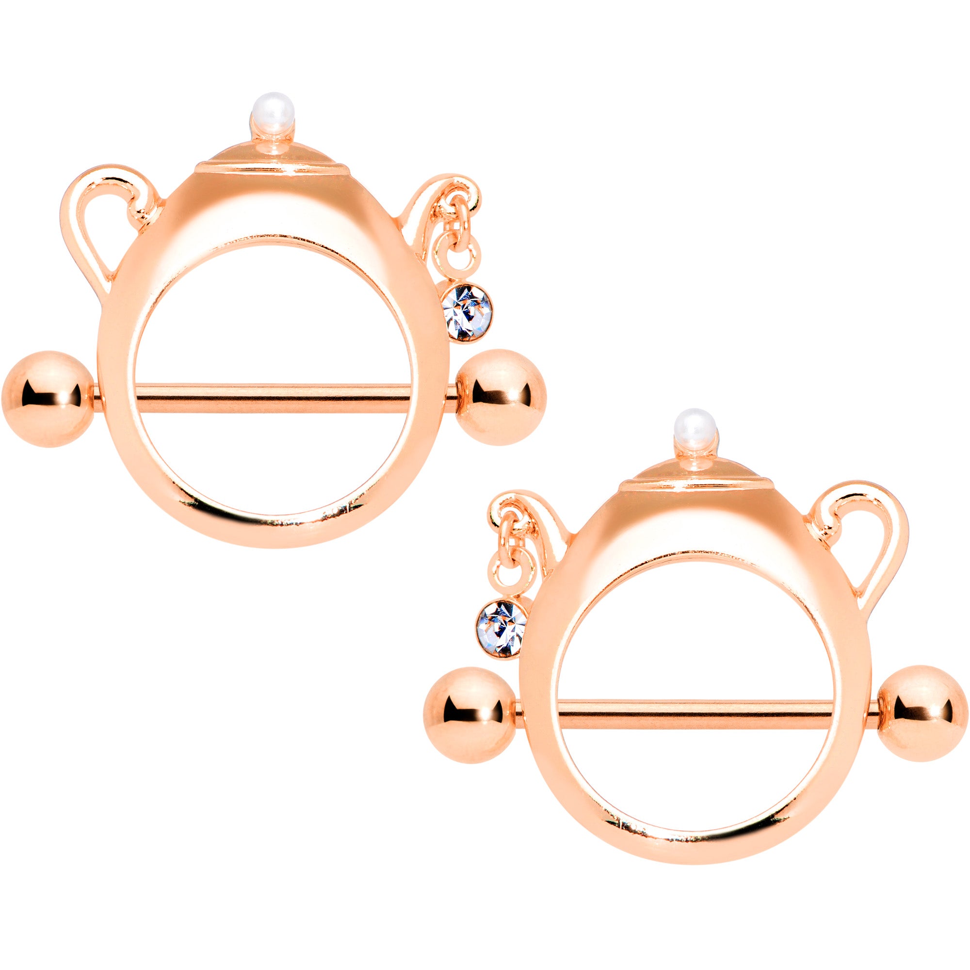 14G 5/8 Clear Gem Rose Gold Tone Teapot Nipple Shield Set