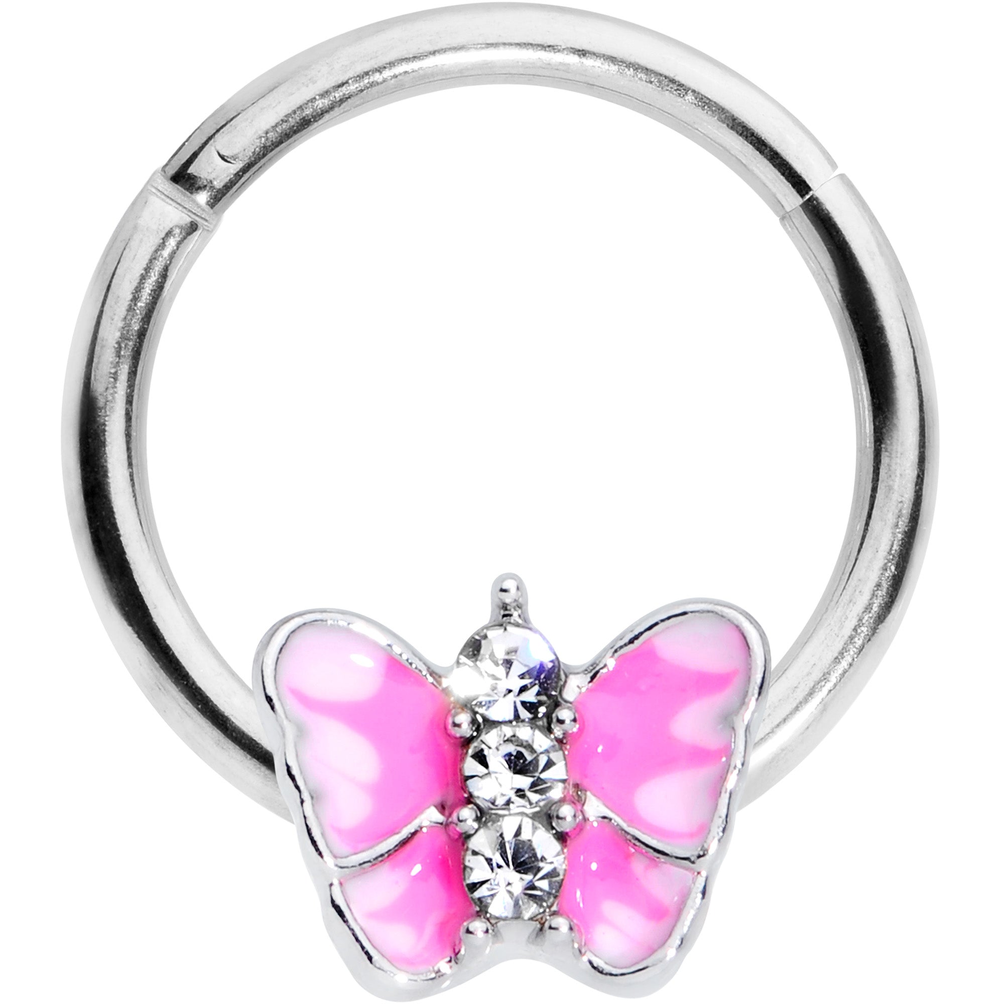 16G 3/8 Clear Gem Pink Butterfly Septum Ring