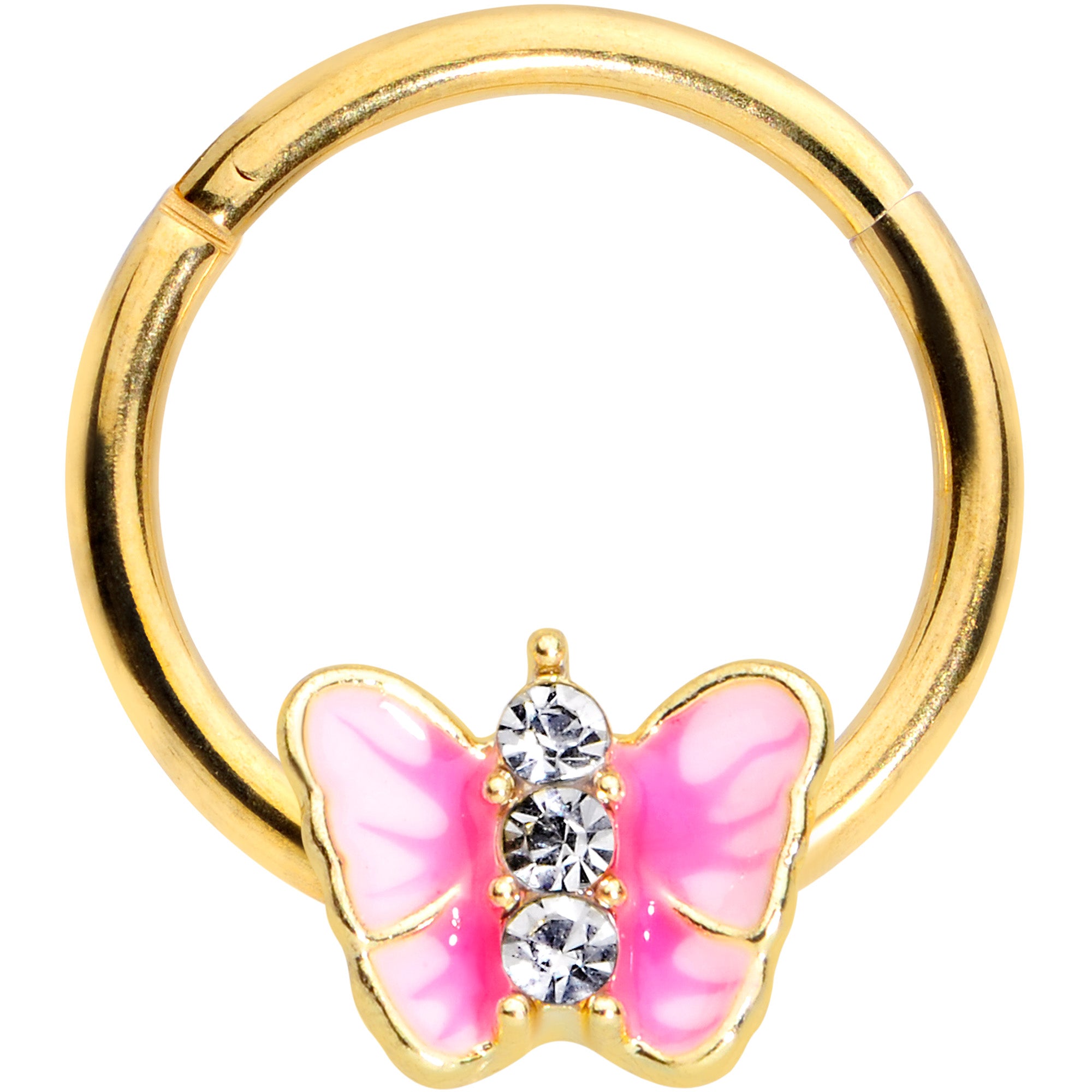16G 3/8 Clear Gem Gold Tone Pink Butterfly Septum Ring