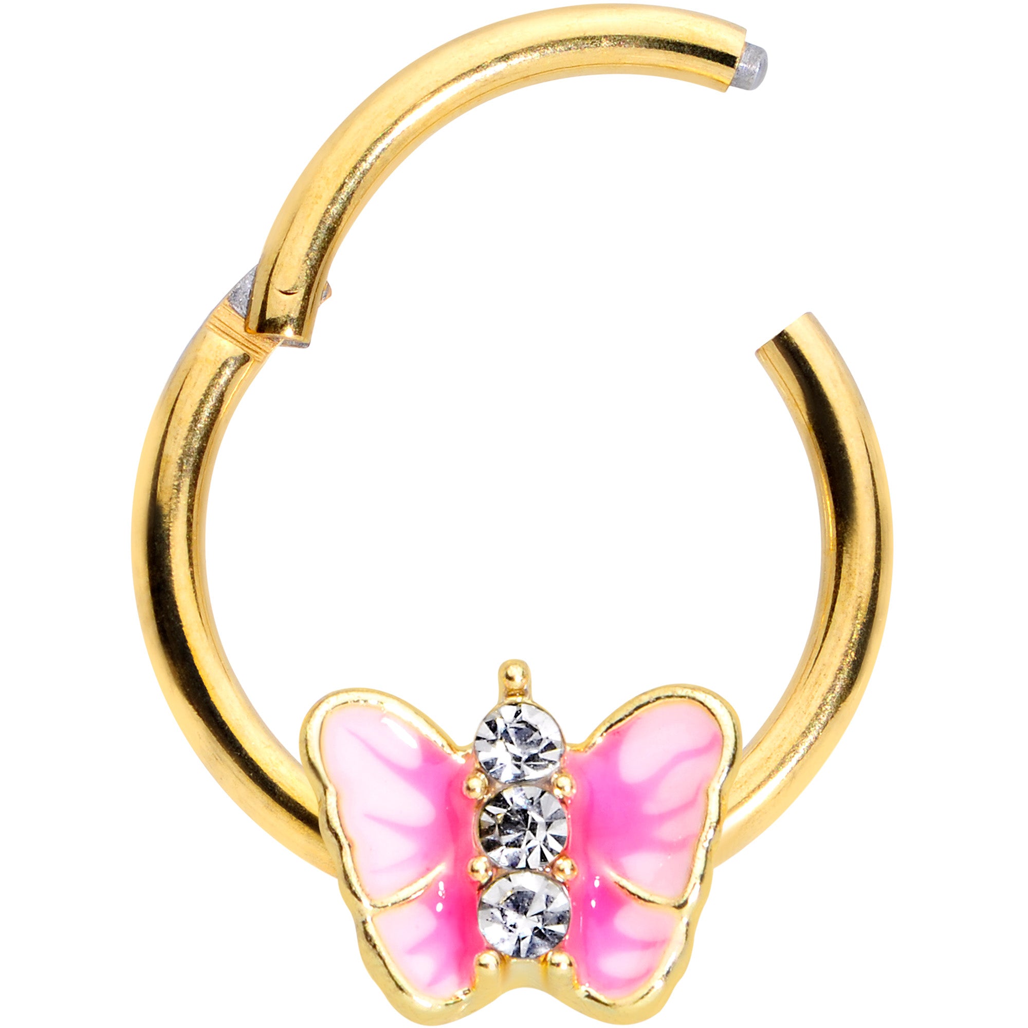 16G 3/8 Clear Gem Gold Tone Pink Butterfly Septum Ring