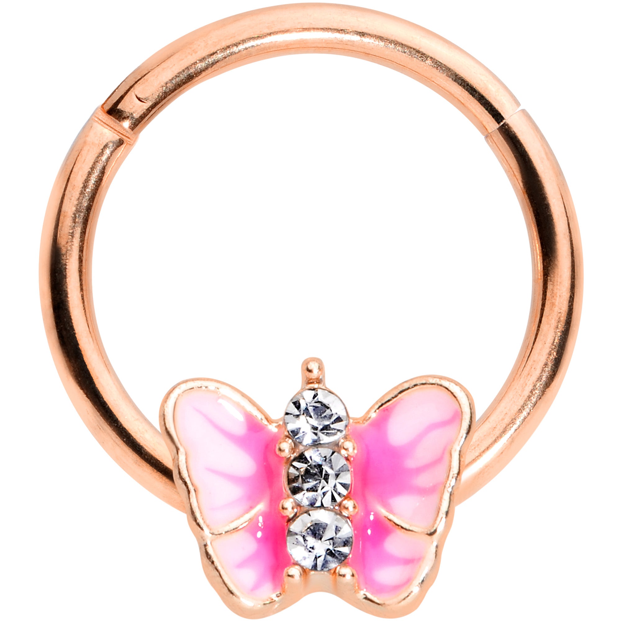 16G 3/8 Clear Gem Rose Gold Tone Pink Butterfly Septum Ring