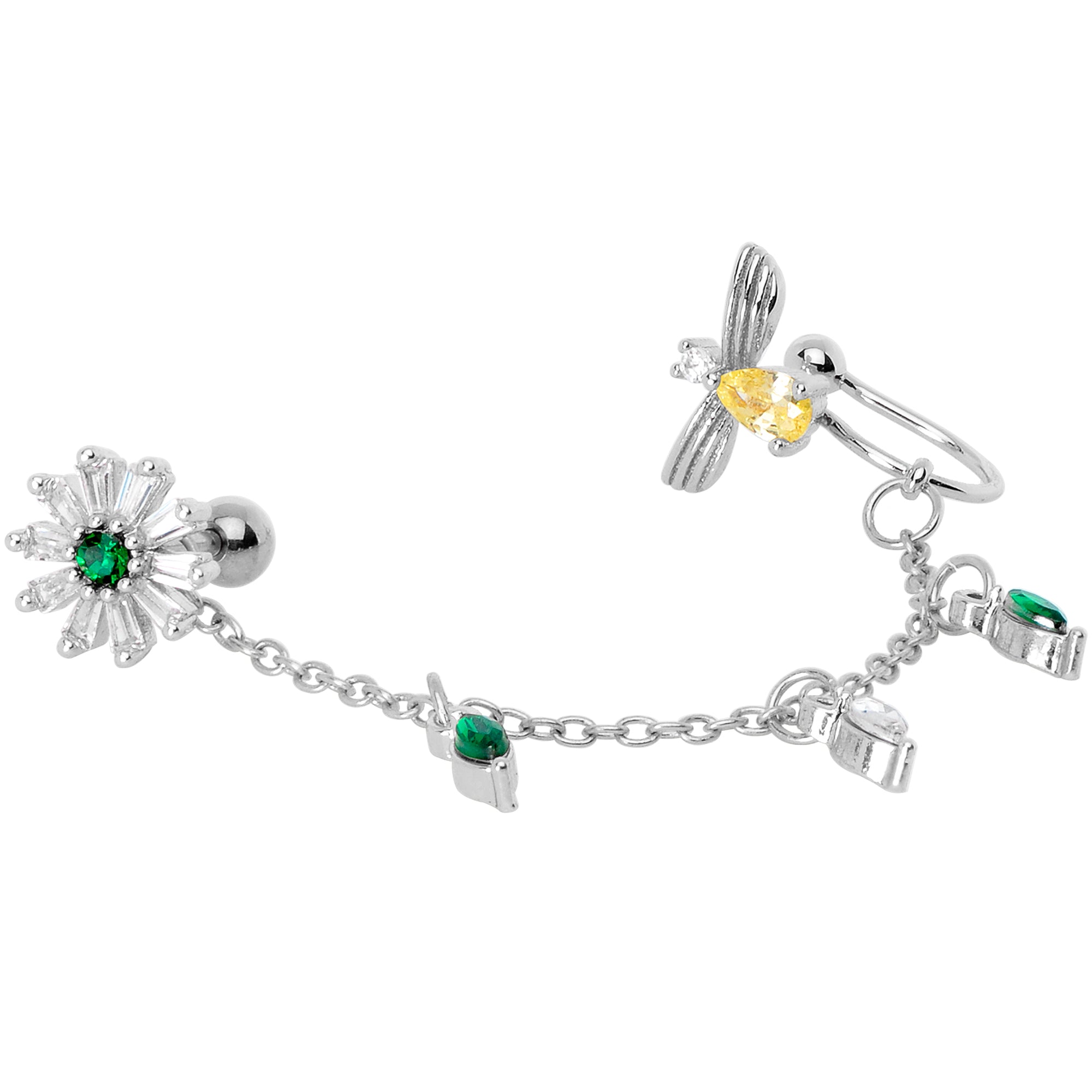 16G 1/4 Yellow Green Gem Angel Cuff Chain Left Cartilage Tragus