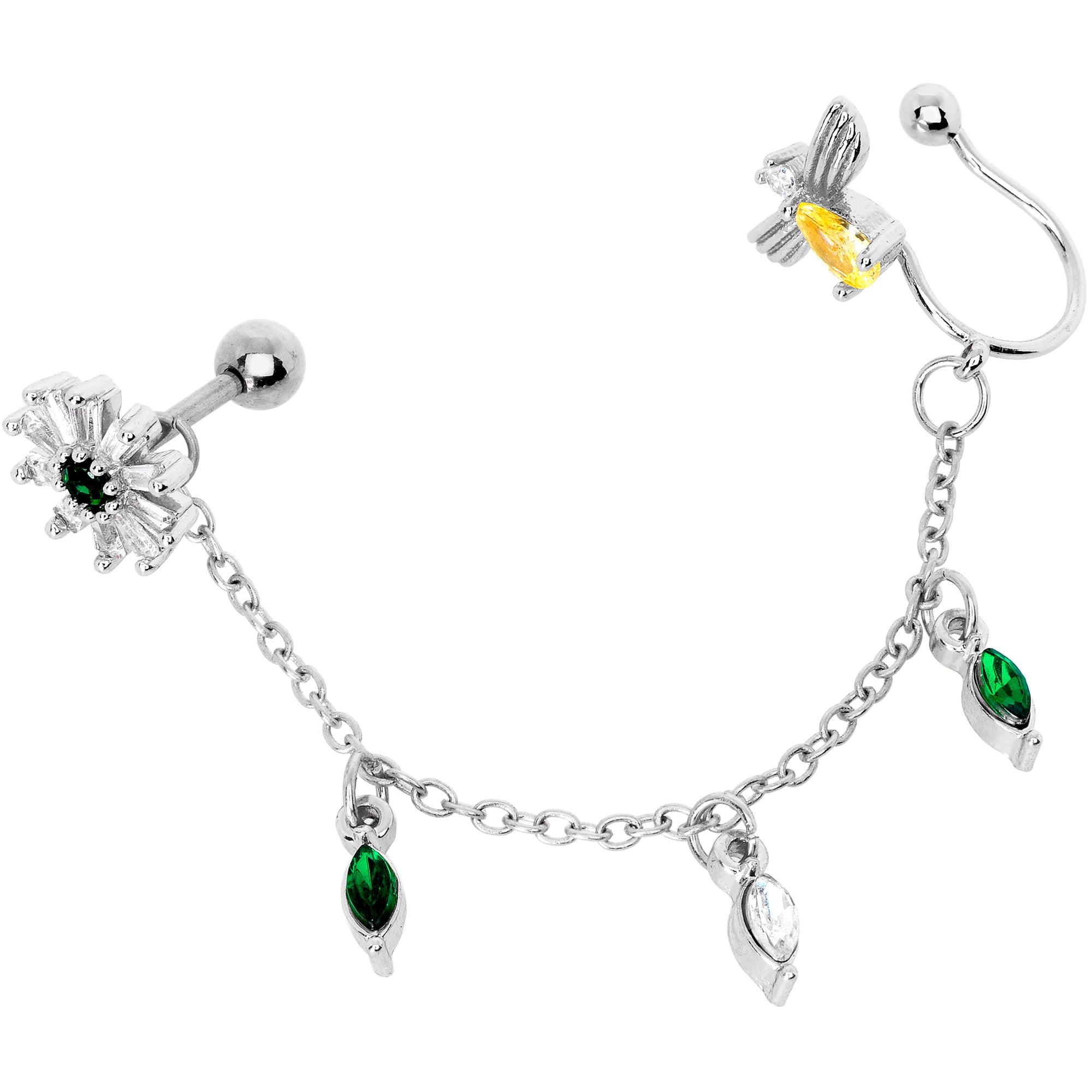 16G 1/4 Yellow Green Gem Angel Cuff Chain Left Cartilage Tragus