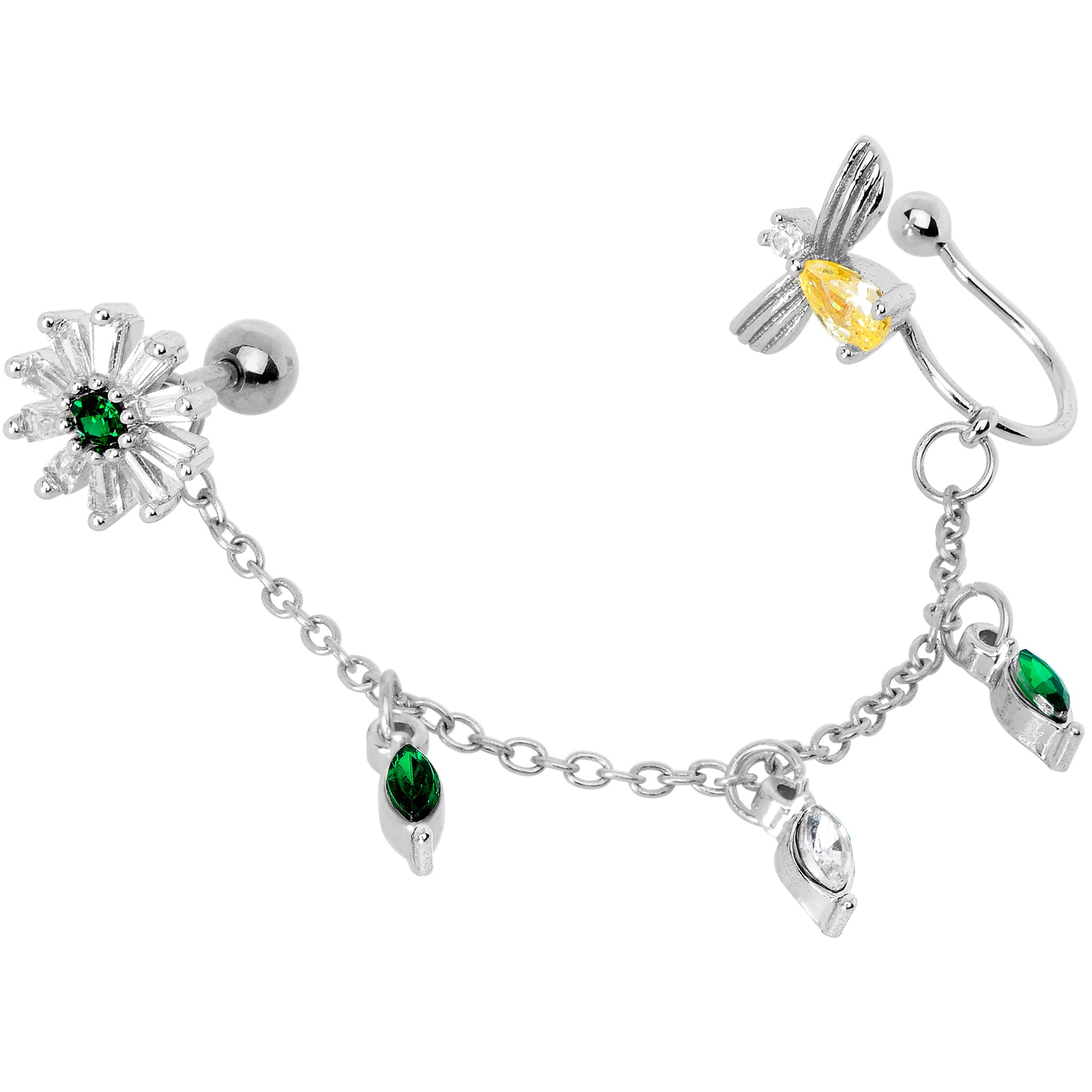 16G 1/4 Yellow Green Gem Angel Cuff Chain Left Cartilage Tragus