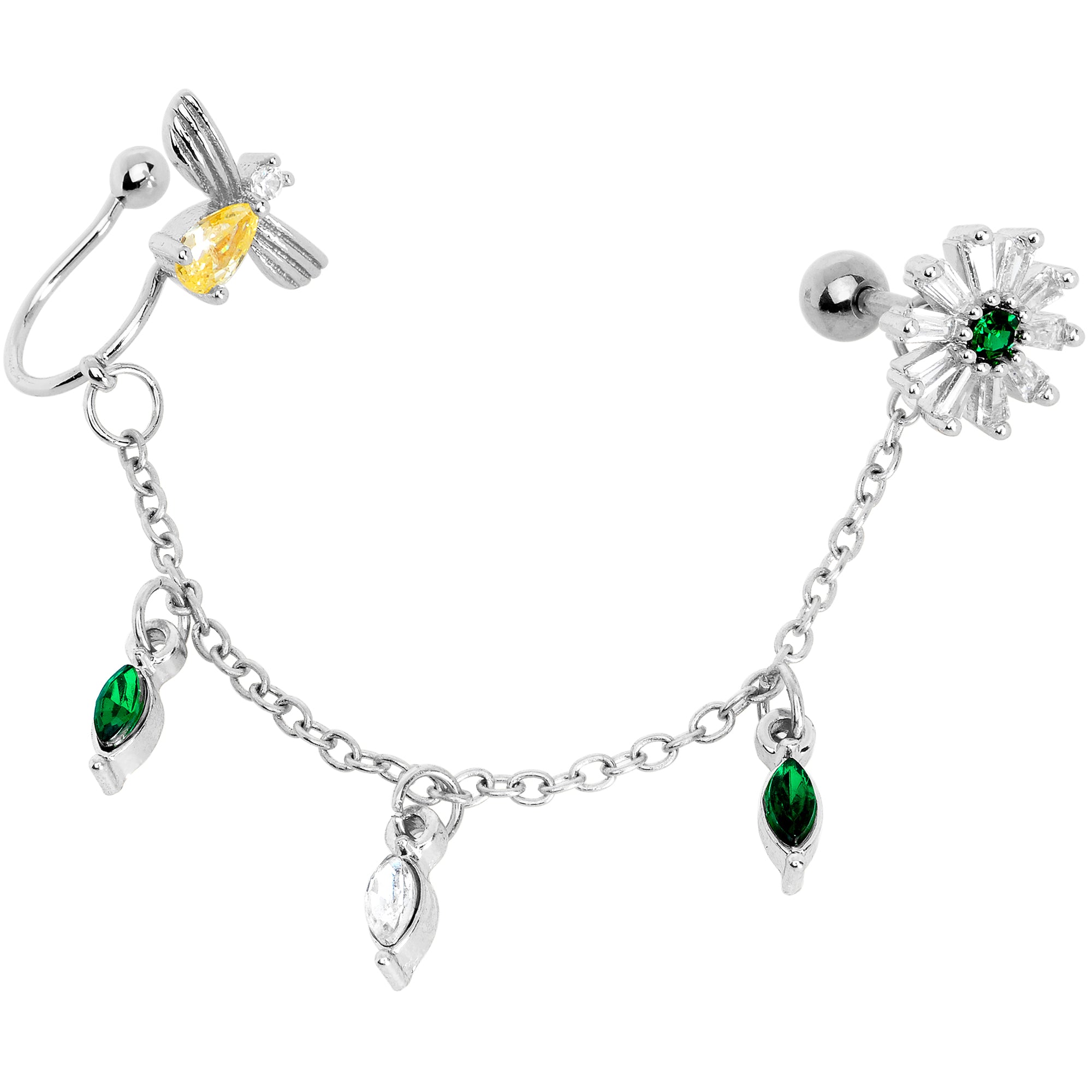 16G 1/4 Yellow Green Gem Angel Cuff Chain Right Cartilage Tragus