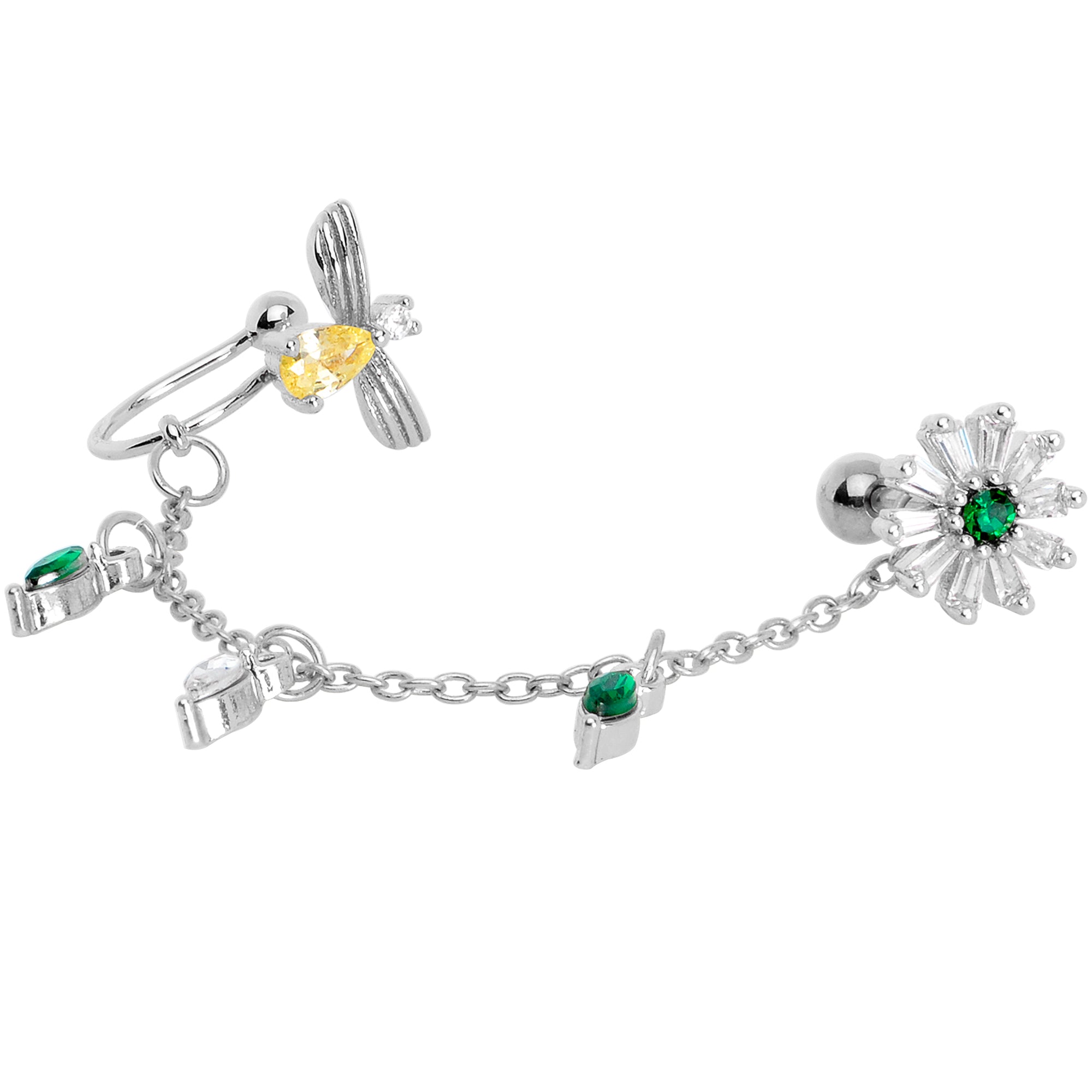 16G 1/4 Yellow Green Gem Angel Cuff Chain Right Cartilage Tragus
