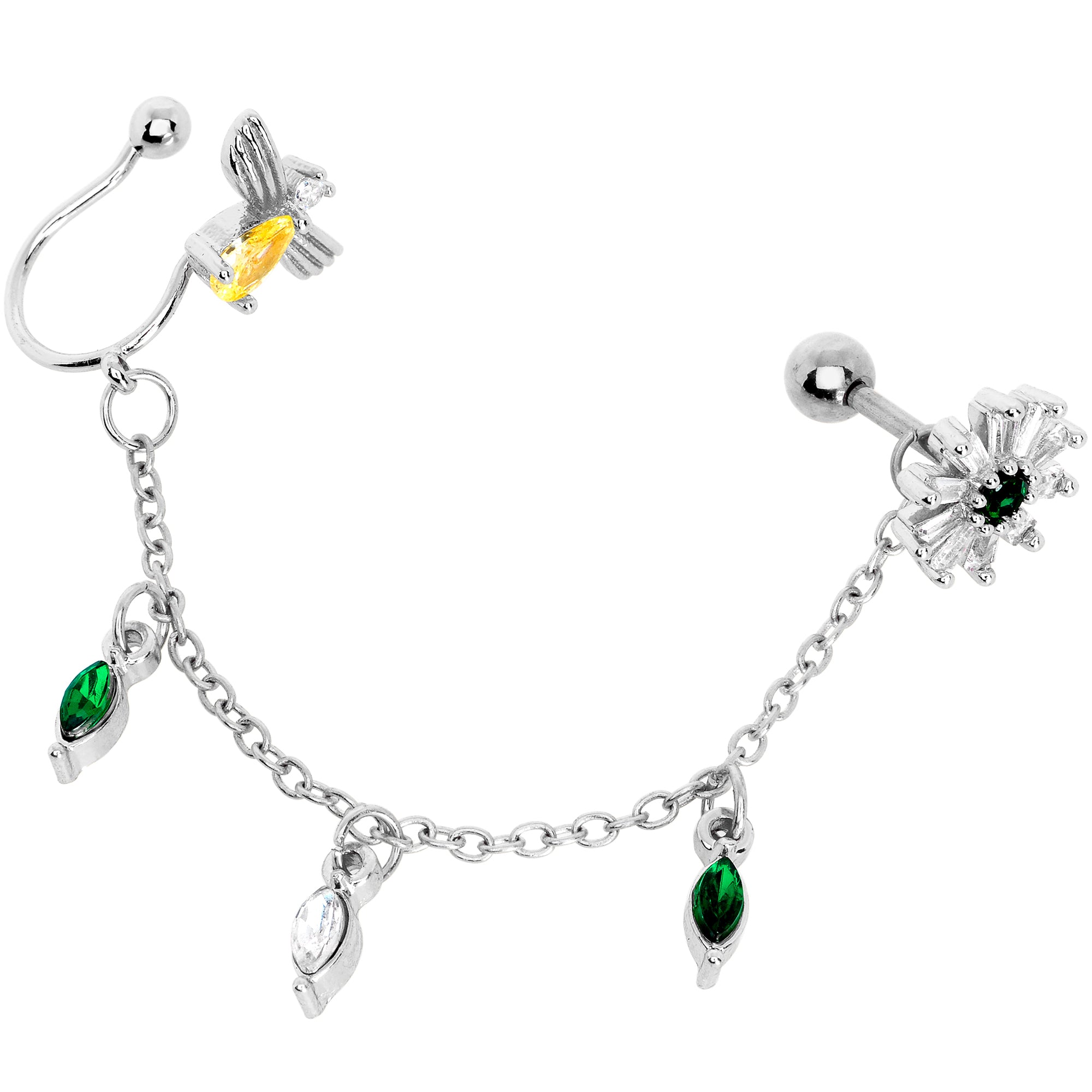 16G 1/4 Yellow Green Gem Angel Cuff Chain Right Cartilage Tragus