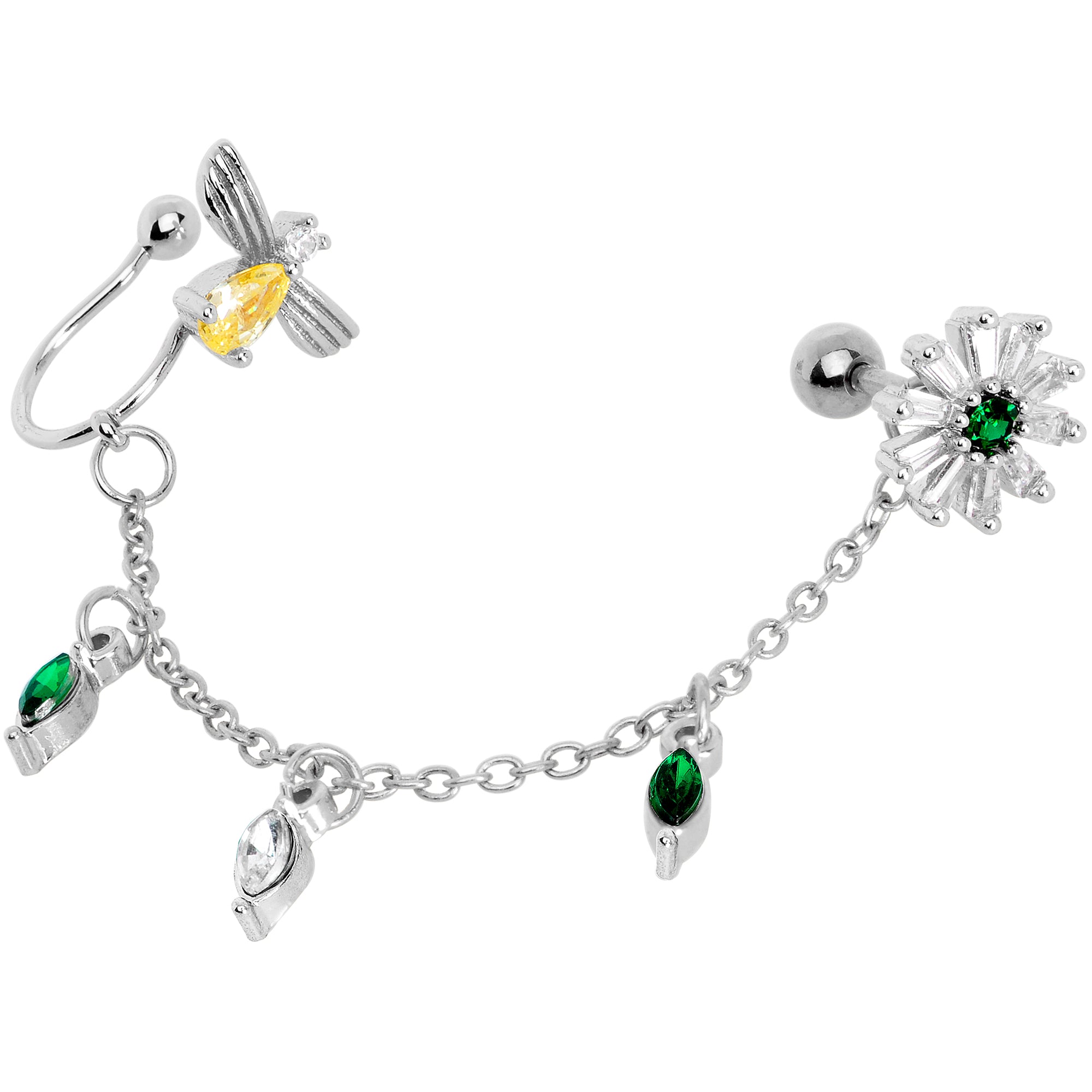 16G 1/4 Yellow Green Gem Angel Cuff Chain Right Cartilage Tragus