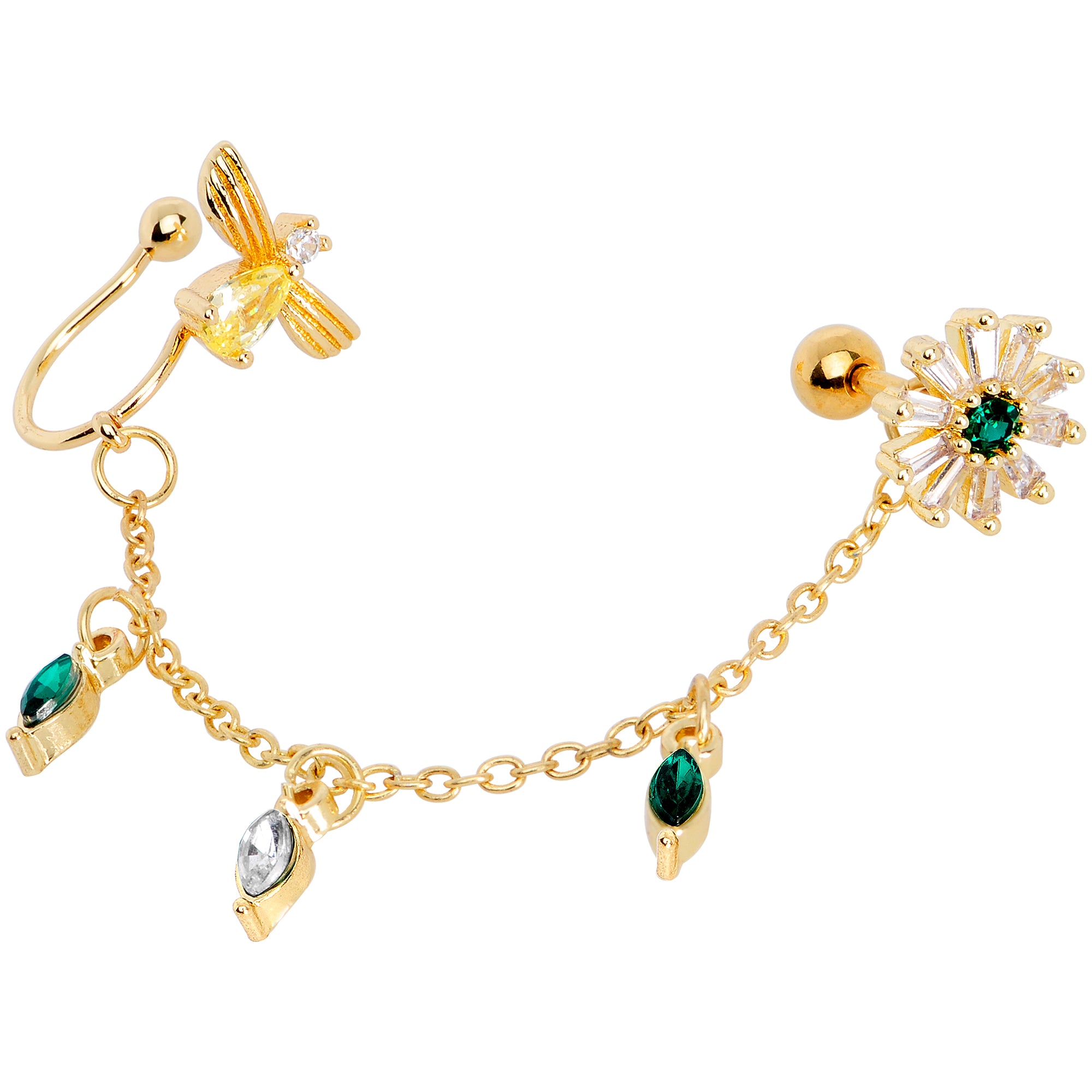 16G 1/4 Green Gem Gold Tone Angel Cuff Chain Left Cartilage