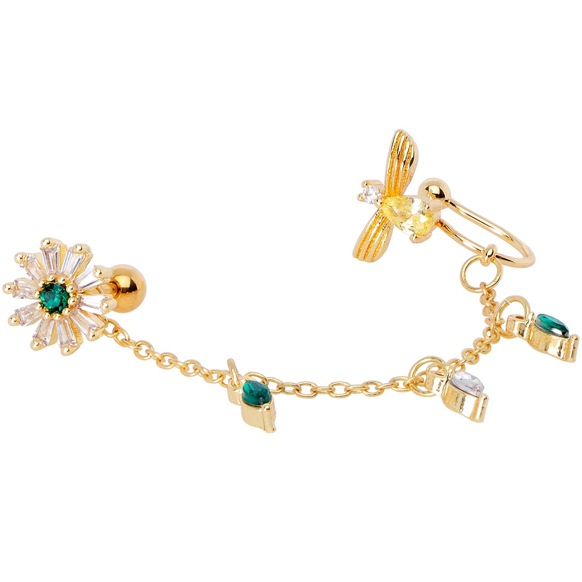 16G 1/4 Green Gem Gold Tone Angel Cuff Chain Right Cartilage