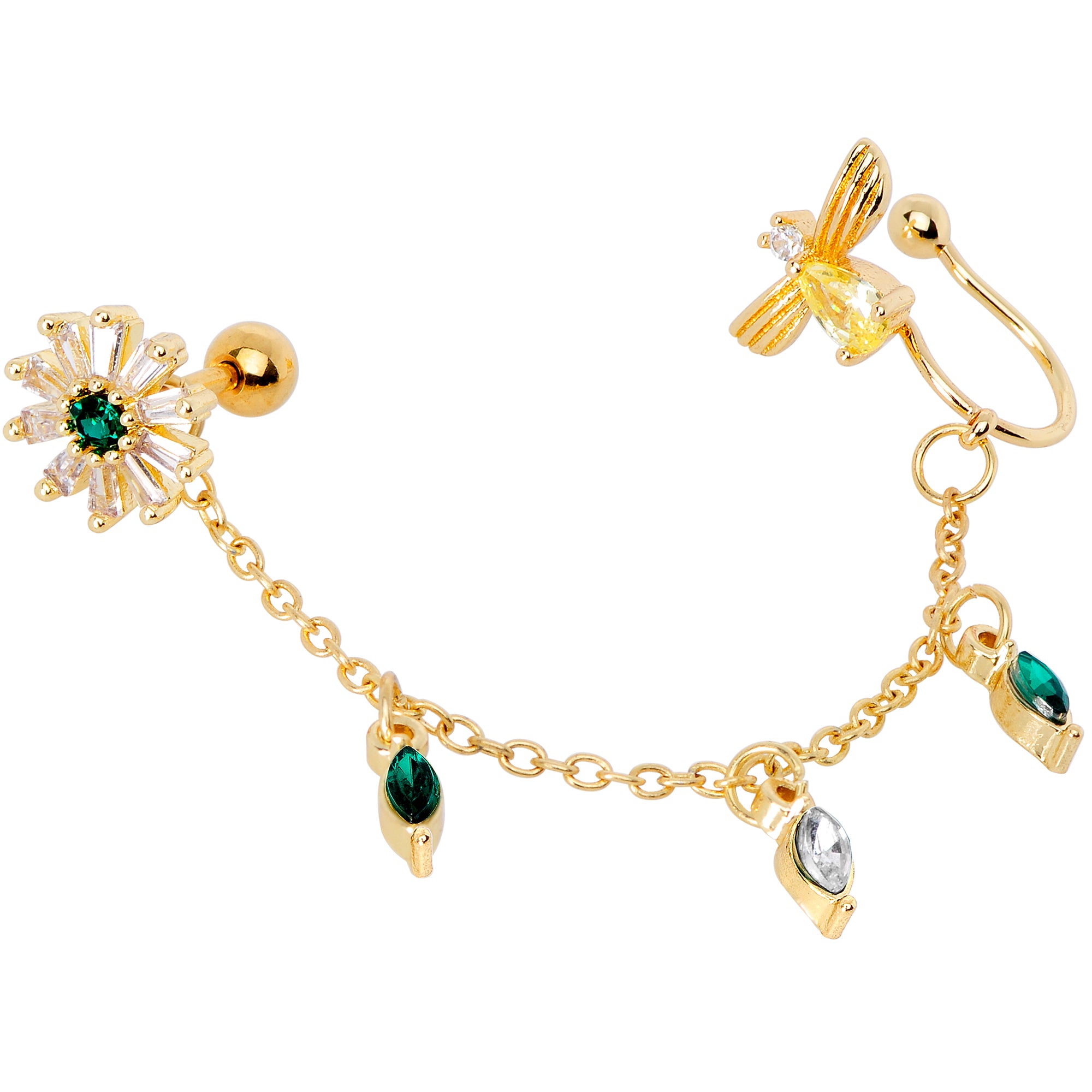16G 1/4 Green Gem Gold Tone Angel Cuff Chain Right Cartilage