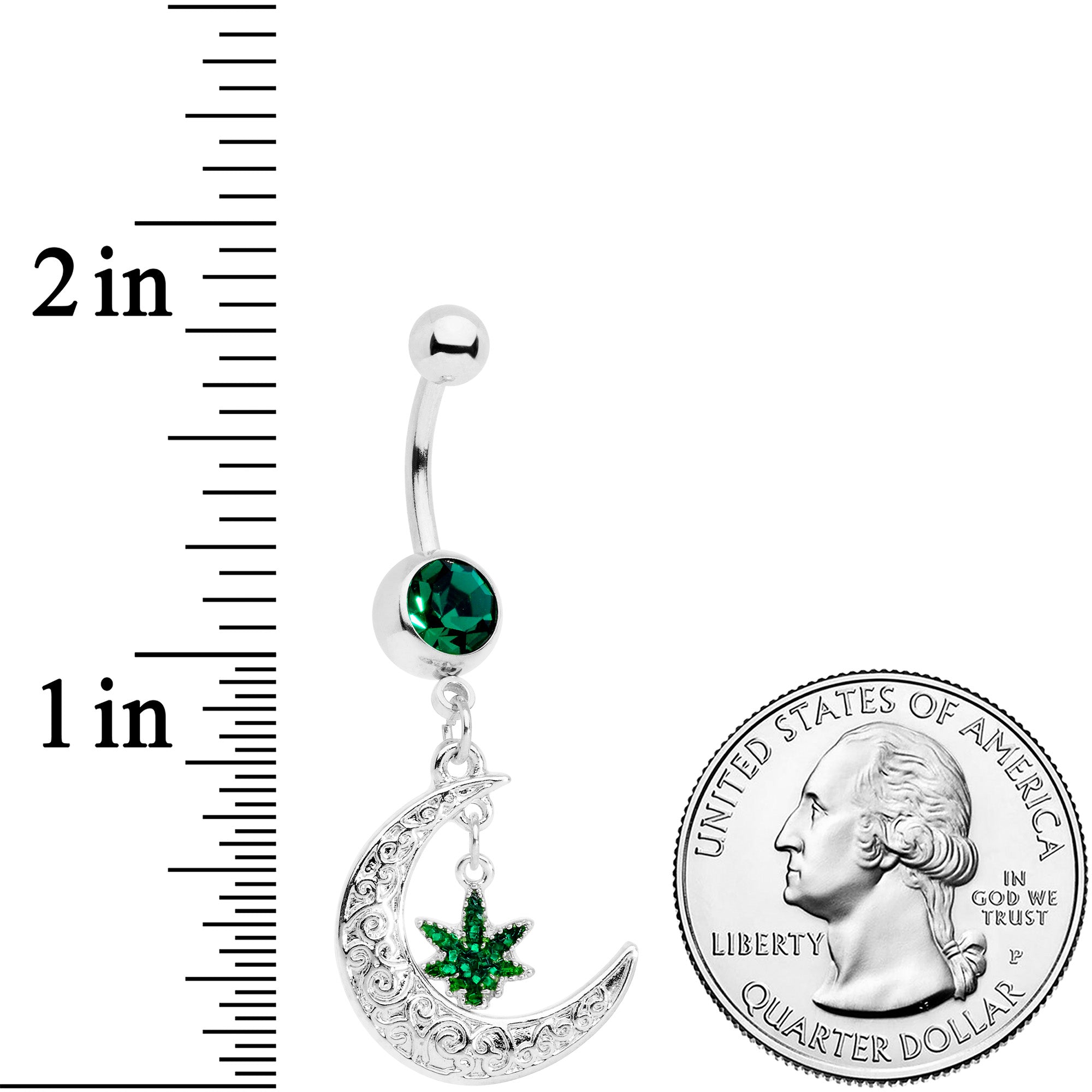 Green Gem Marijuana Pot Leaf Moon Dangle Belly Ring