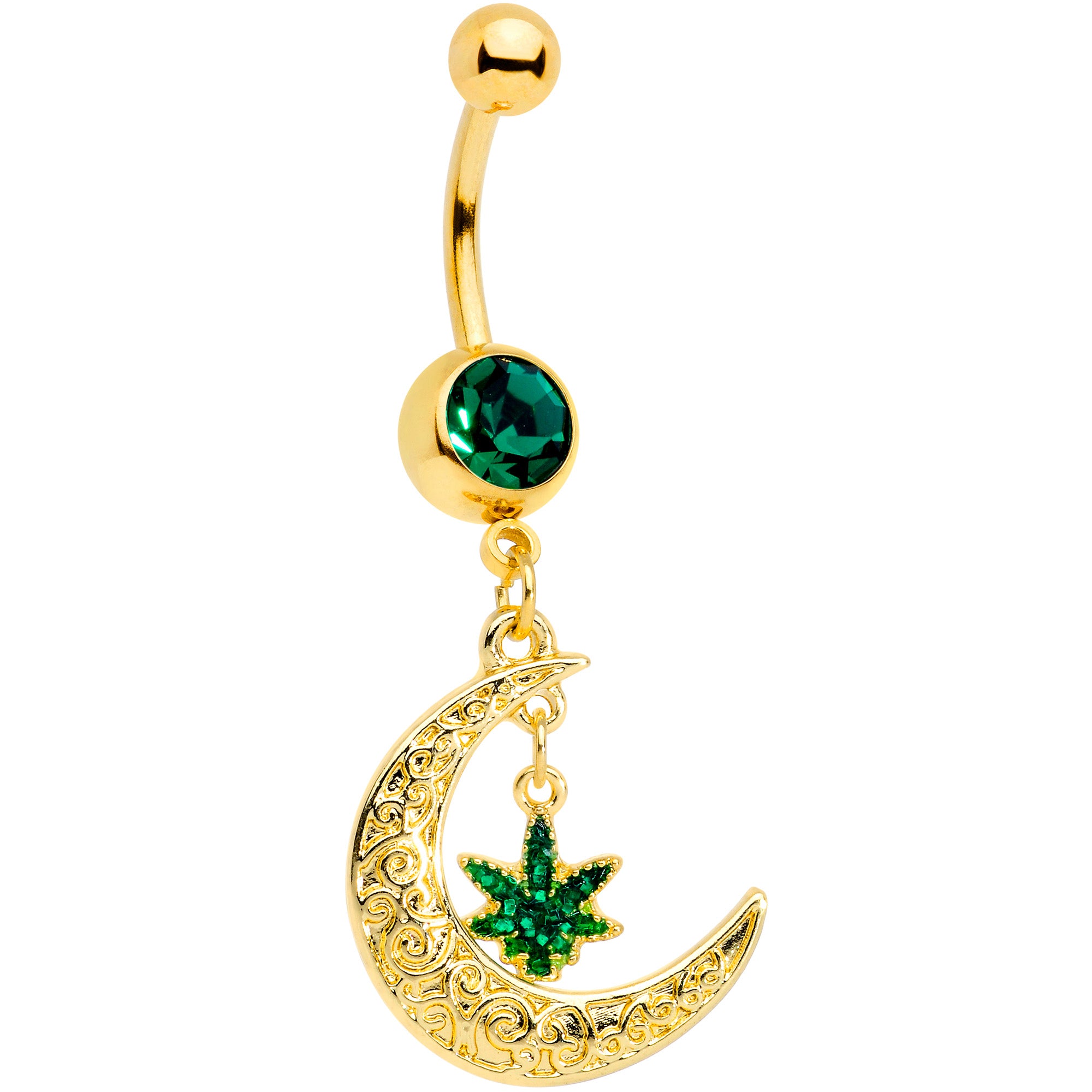 Green Gem Gold Tone Marijuana Pot Leaf Moon Dangle Belly Ring