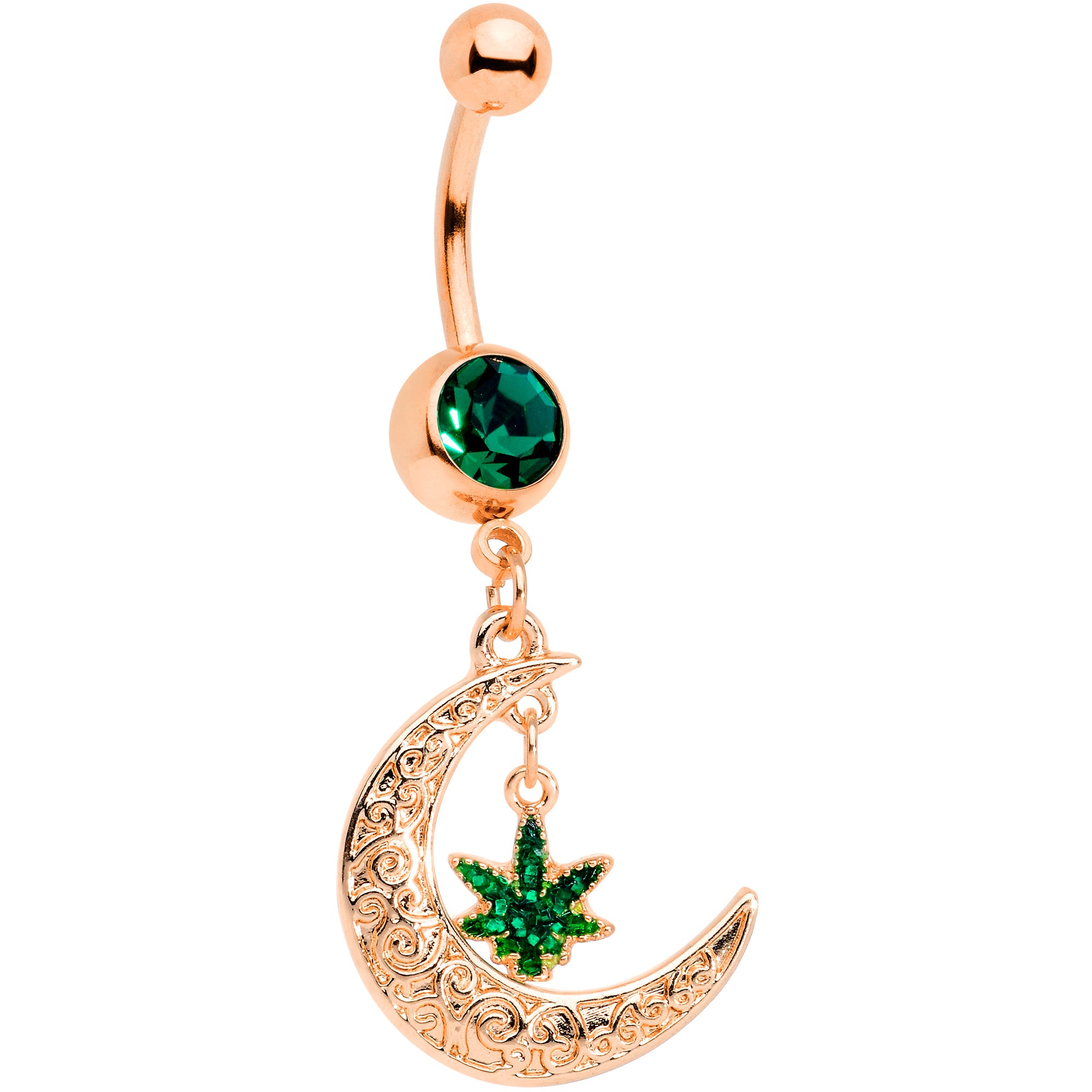 Green Gem Rose Gold Tone Marijuana Pot Leaf Moon Dangle Belly Ring