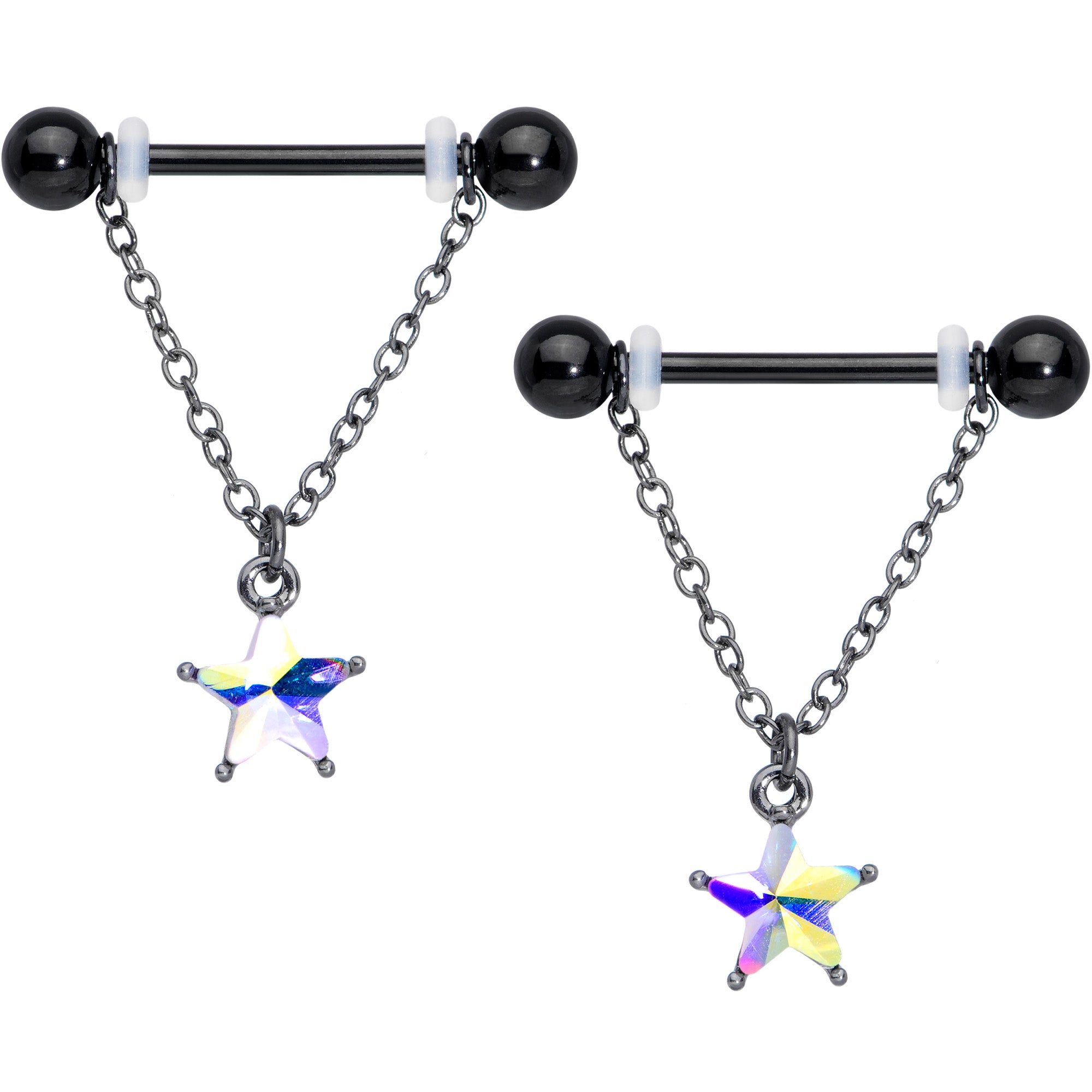 14G 5/8 Aurora Gem Black Plated Star Chain Dangle Nipple Ring Set