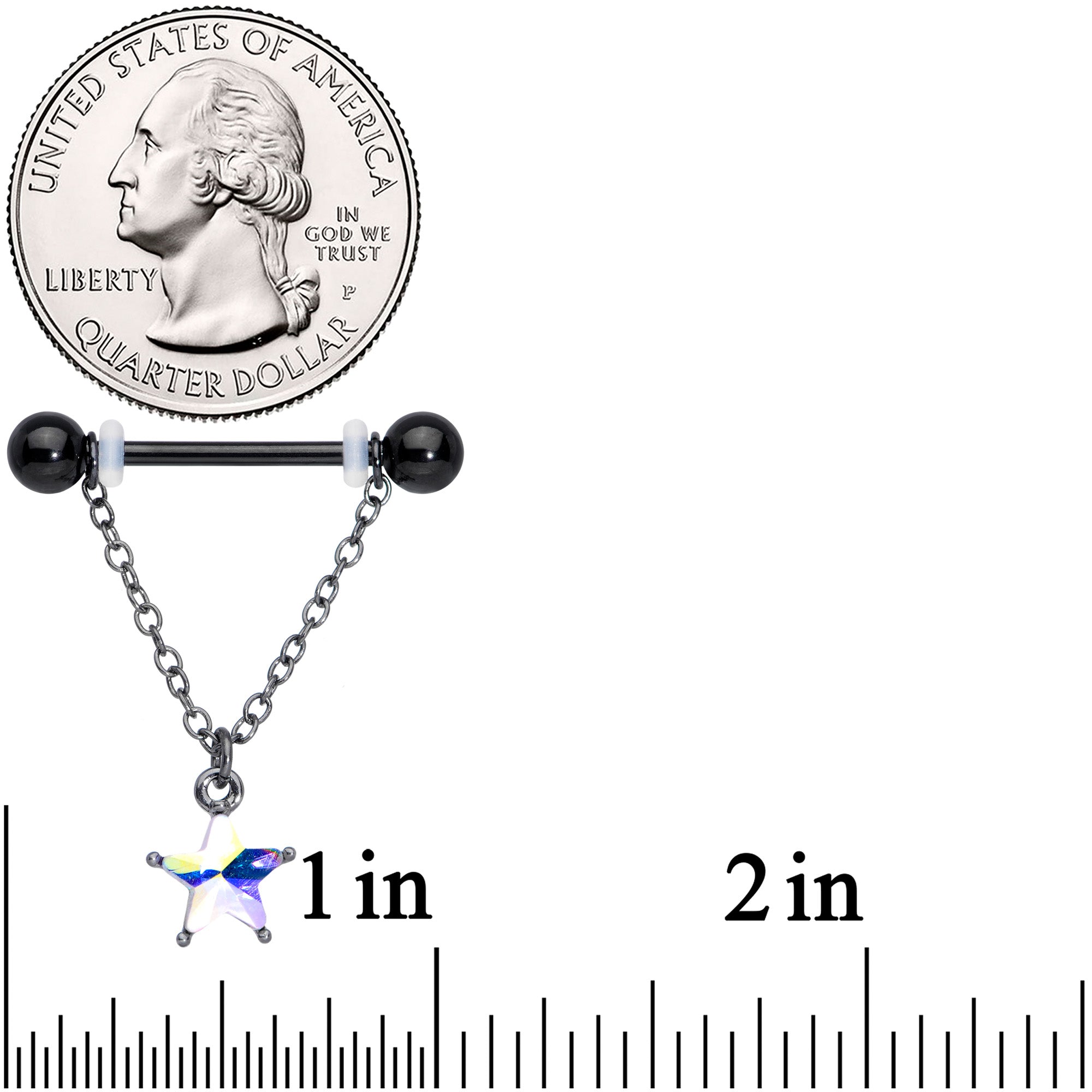 14G 5/8 Aurora Gem Black Plated Star Chain Dangle Nipple Ring Set