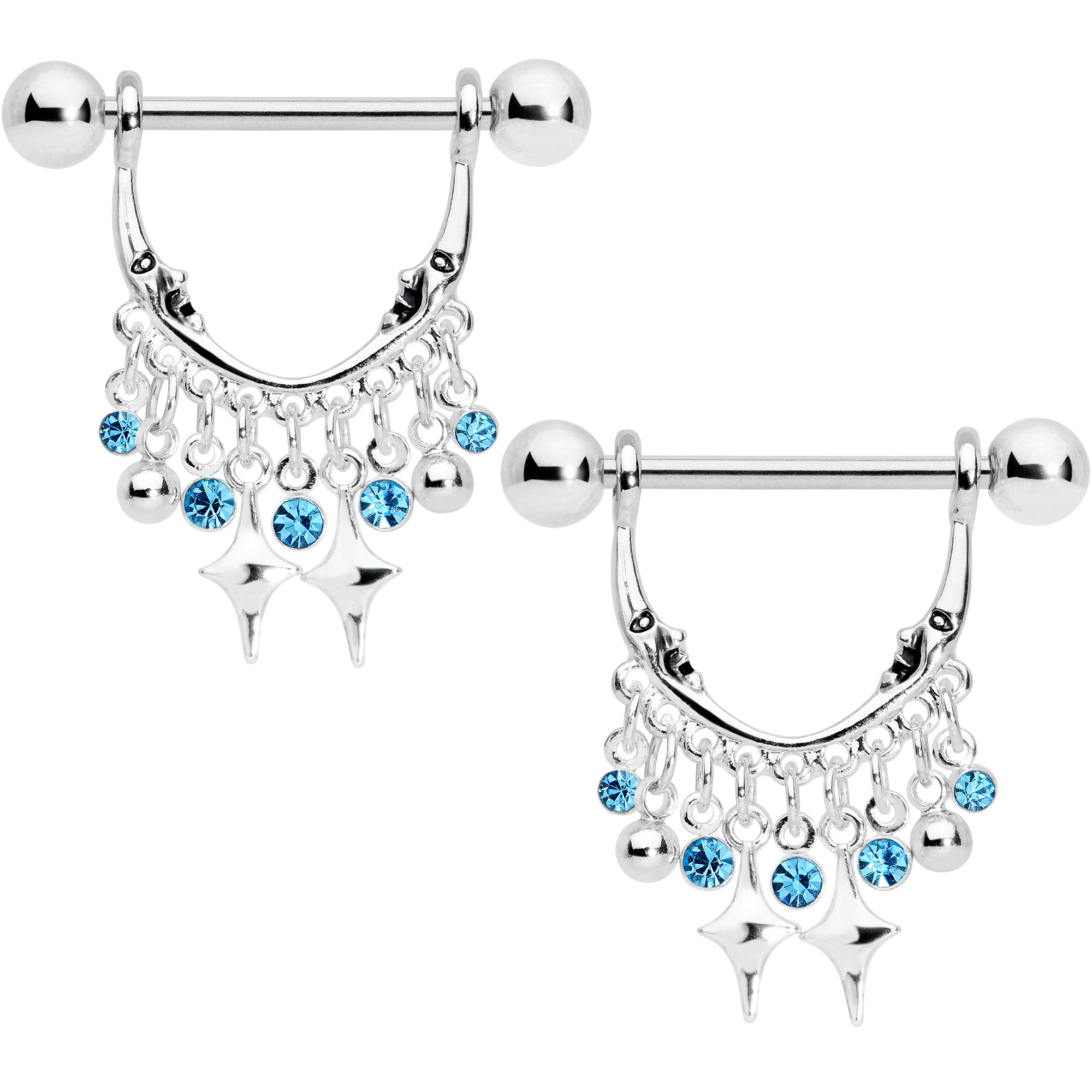 14G 5/8 Aqua Gem Moons Dangle Nipple Ring Set