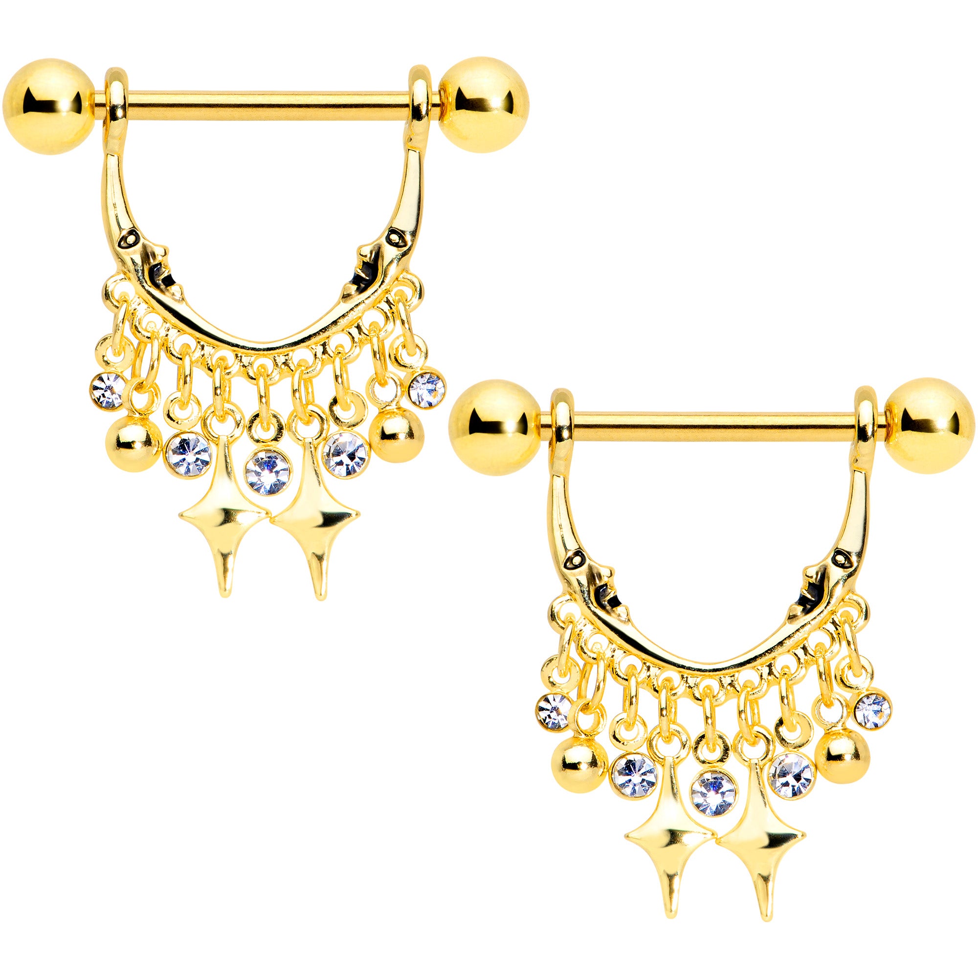 14G 5/8 Clear Gem Gold Tone Moons Dangle Nipple Ring Set