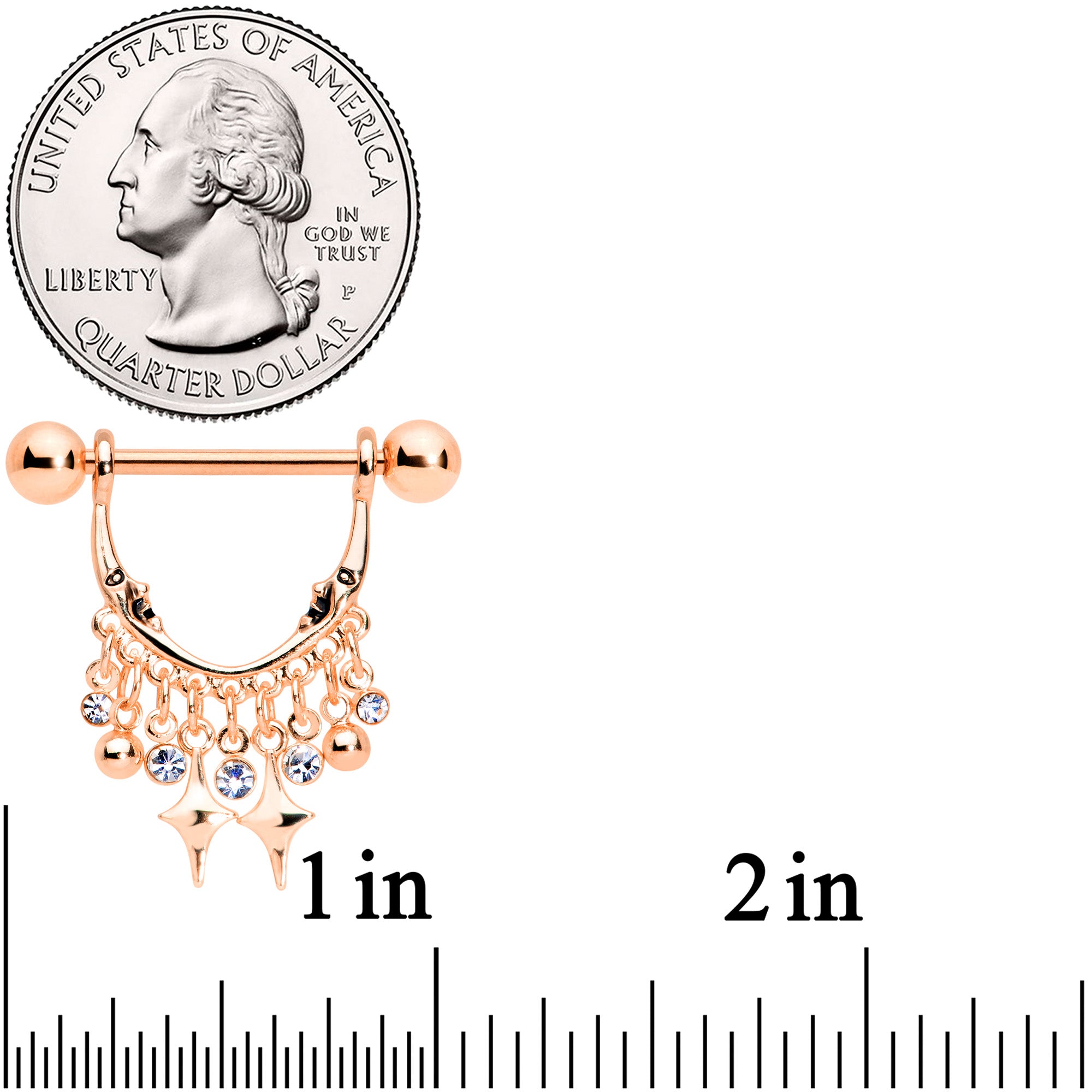 14G 5/8 Clear Gem Rose Gold Tone Moons Dangle Nipple Ring Set