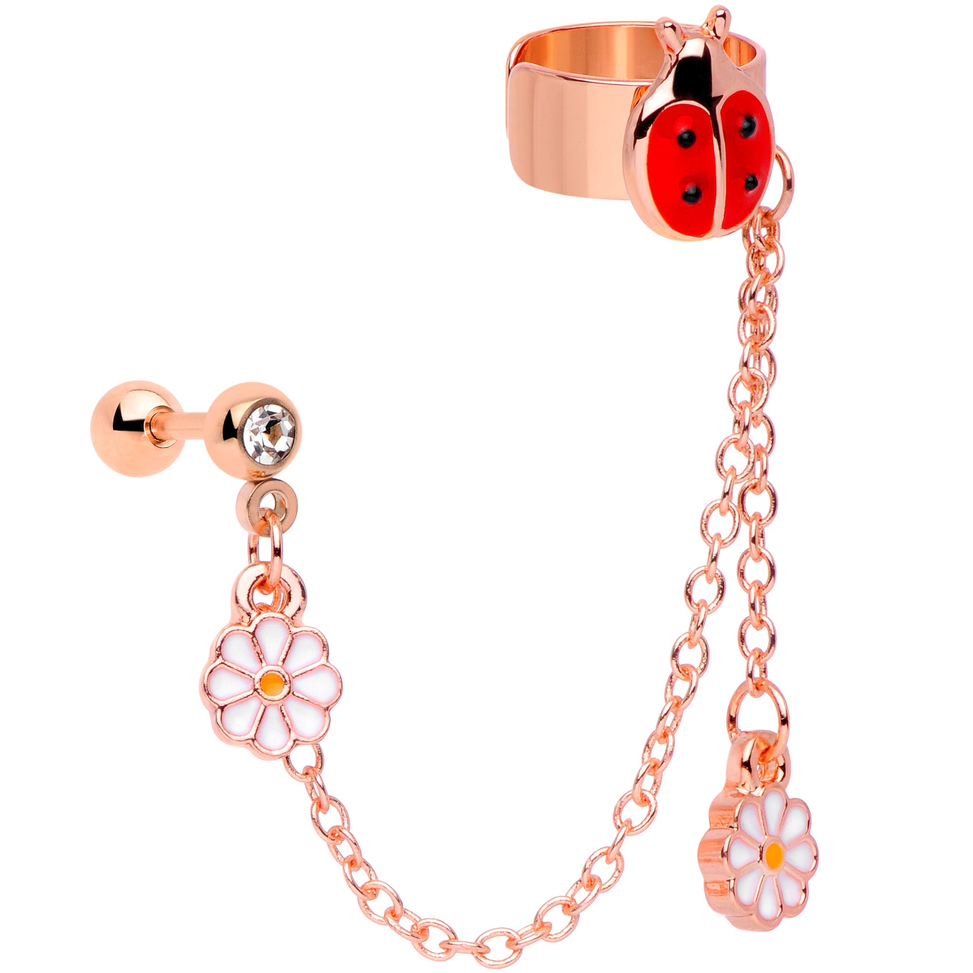 16G Rose Gold Tone Ladybug Flower Left Cuff Chain Cartilage Ring