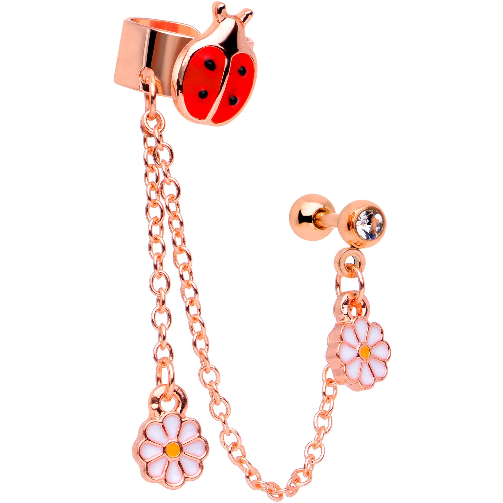 16G Rose Gold Tone Ladybug Flower Right Cuff Chain Cartilage Ring