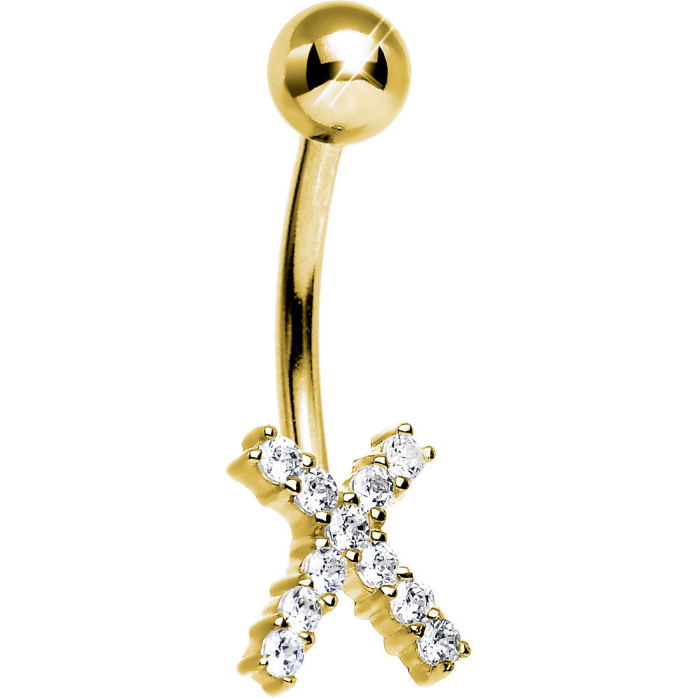 16G Solid 14K Yellow Gold Cubic Zirconia X-SPOT Belly Ring