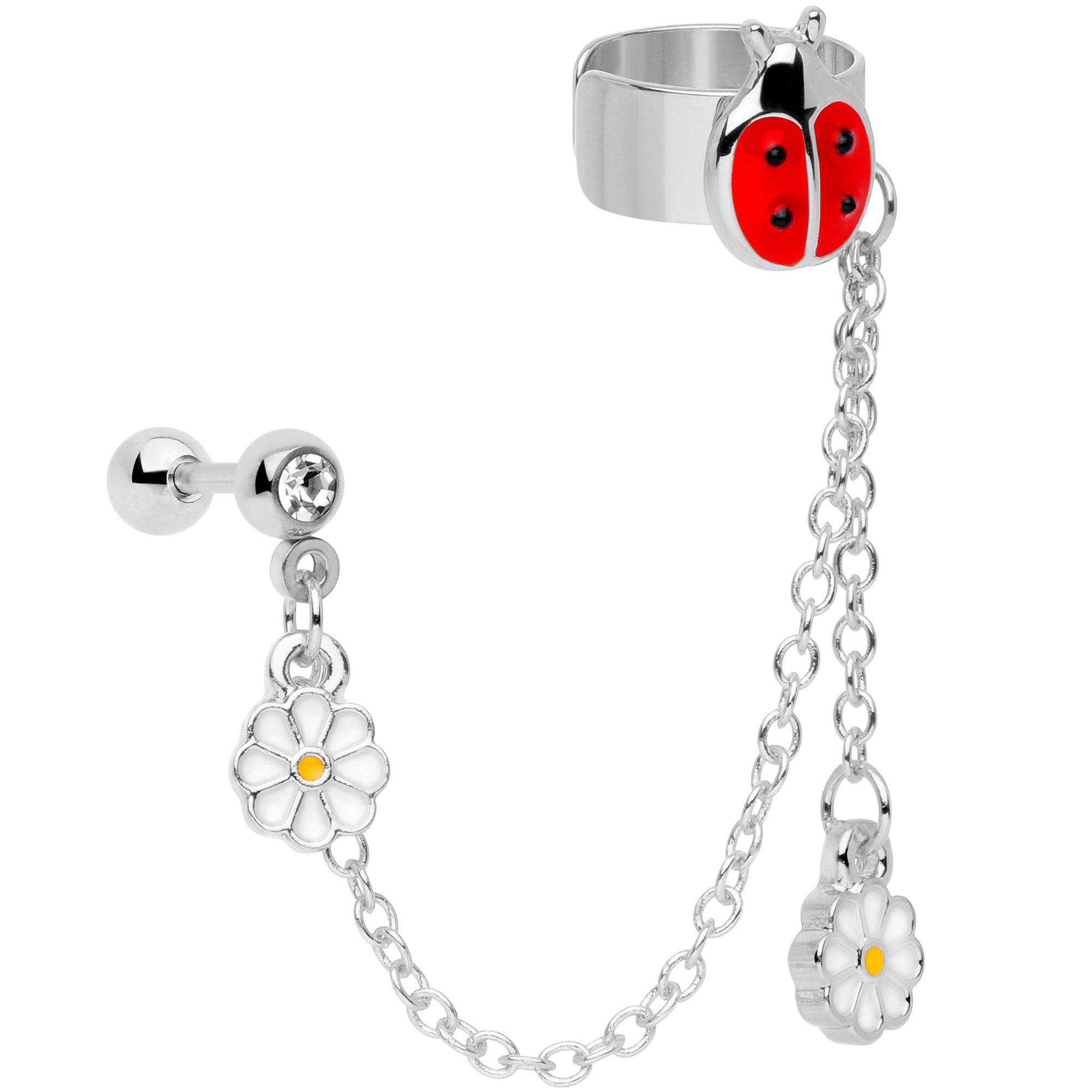 16G 1/4 Clear Gem Ladybug Flower Left Cuff Chain Cartilage Ring