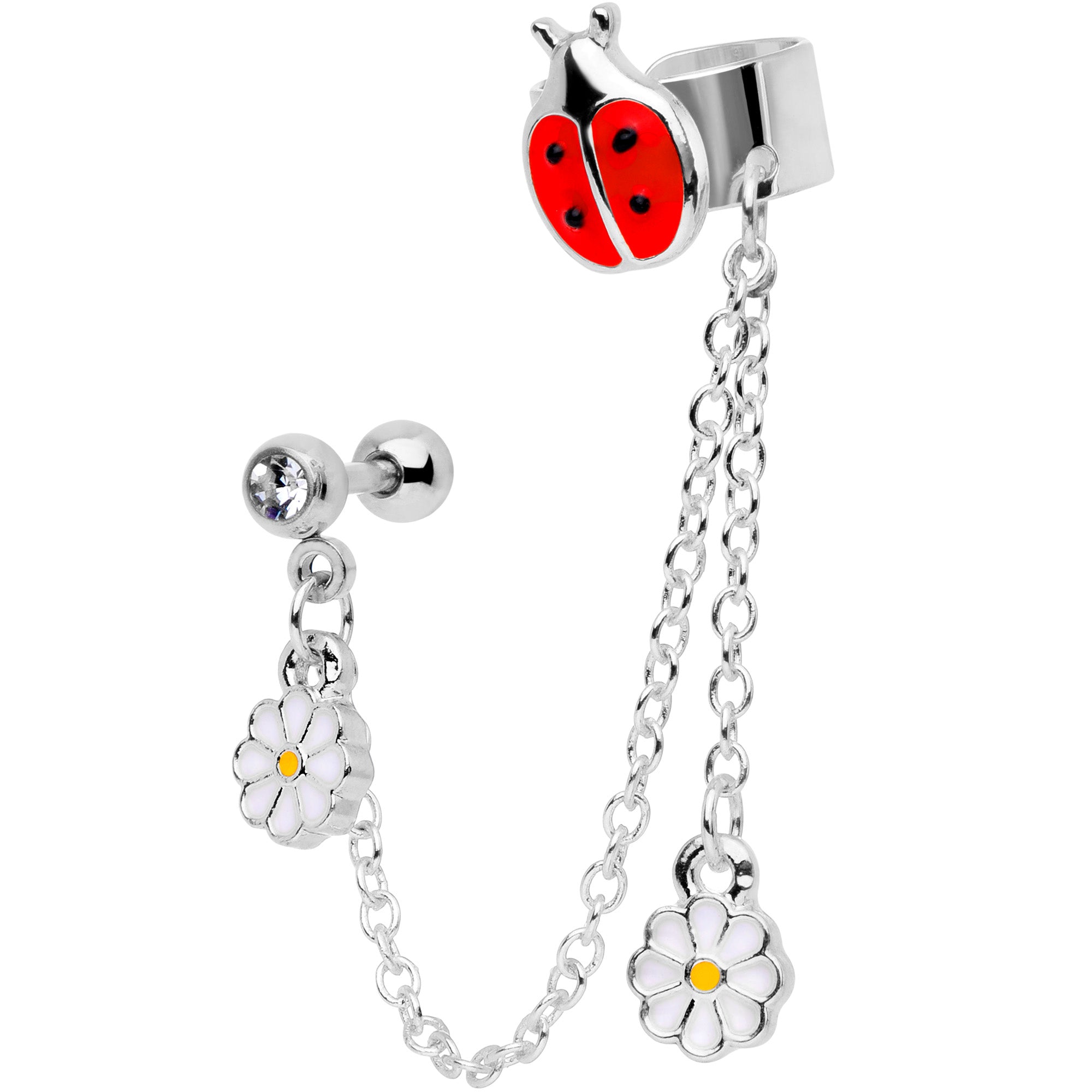 16G 1/4 Clear Gem Ladybug Flower Left Cuff Chain Cartilage Ring