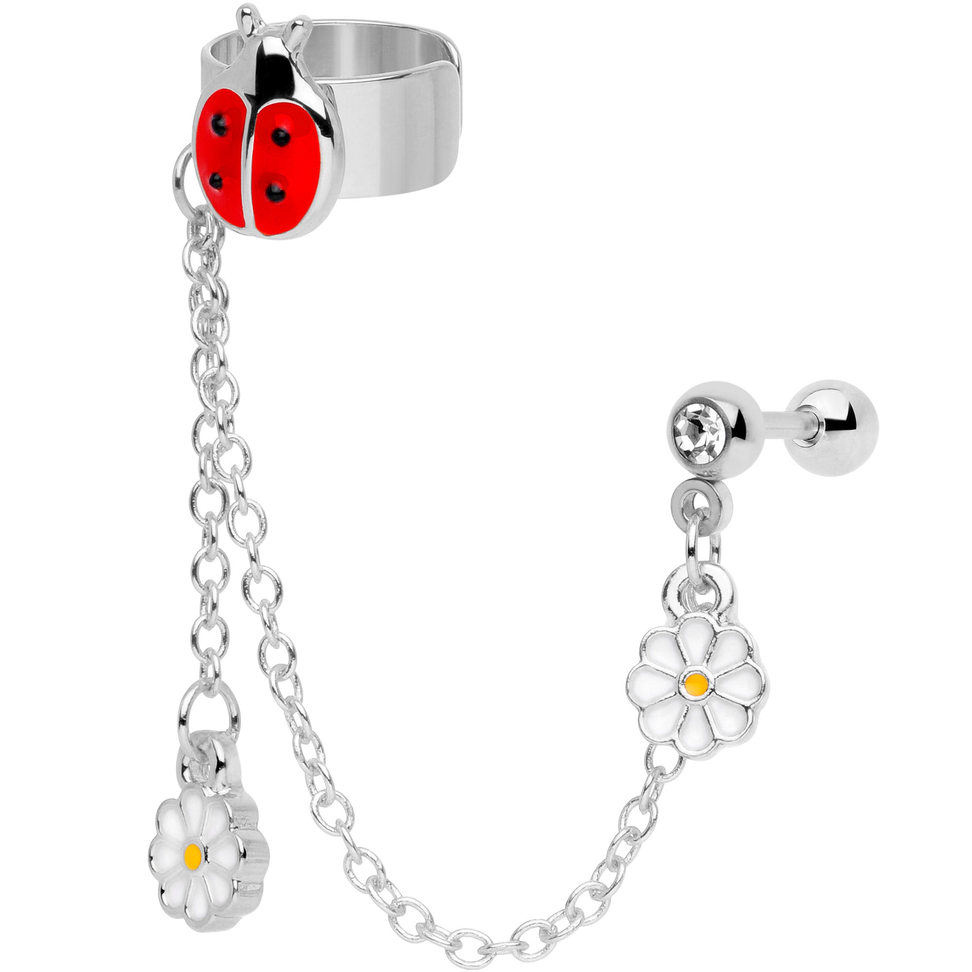 16G 1/4 Clear Gem Ladybug Flower Right Cuff Chain Cartilage Ring