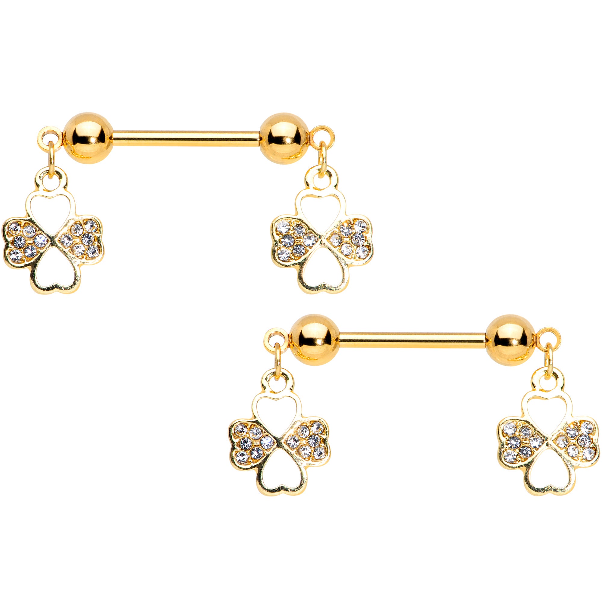 14G 9/16 Clear Gem Gold Tone Shamrock Dangle Nipple Ring Set
