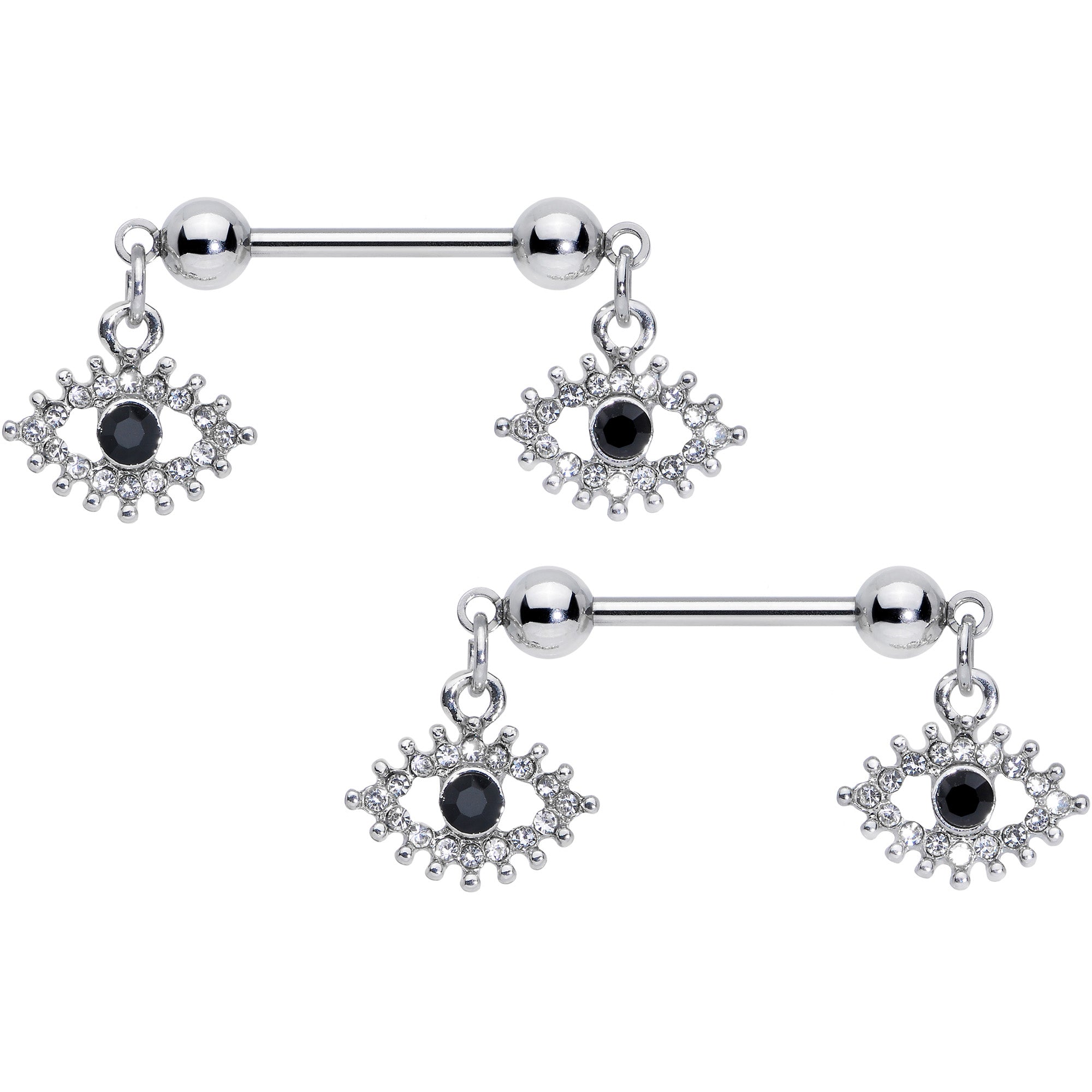 14G 9/16 Clear Black Gem Open Eye Dangle Nipple Ring Set