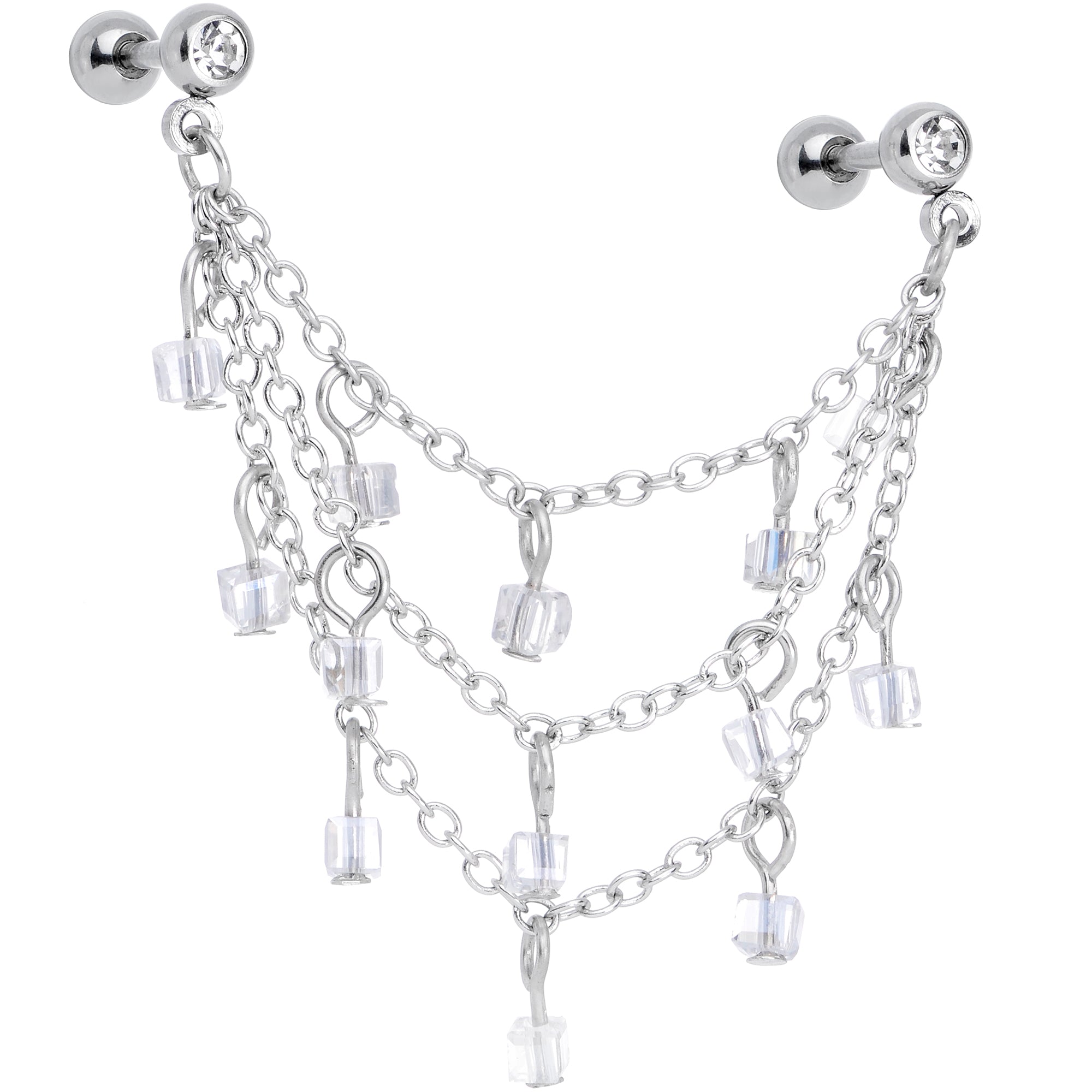 16G 1/4 Clear Gem Clear Cube Triple Dangle Cartilage Chain Earring