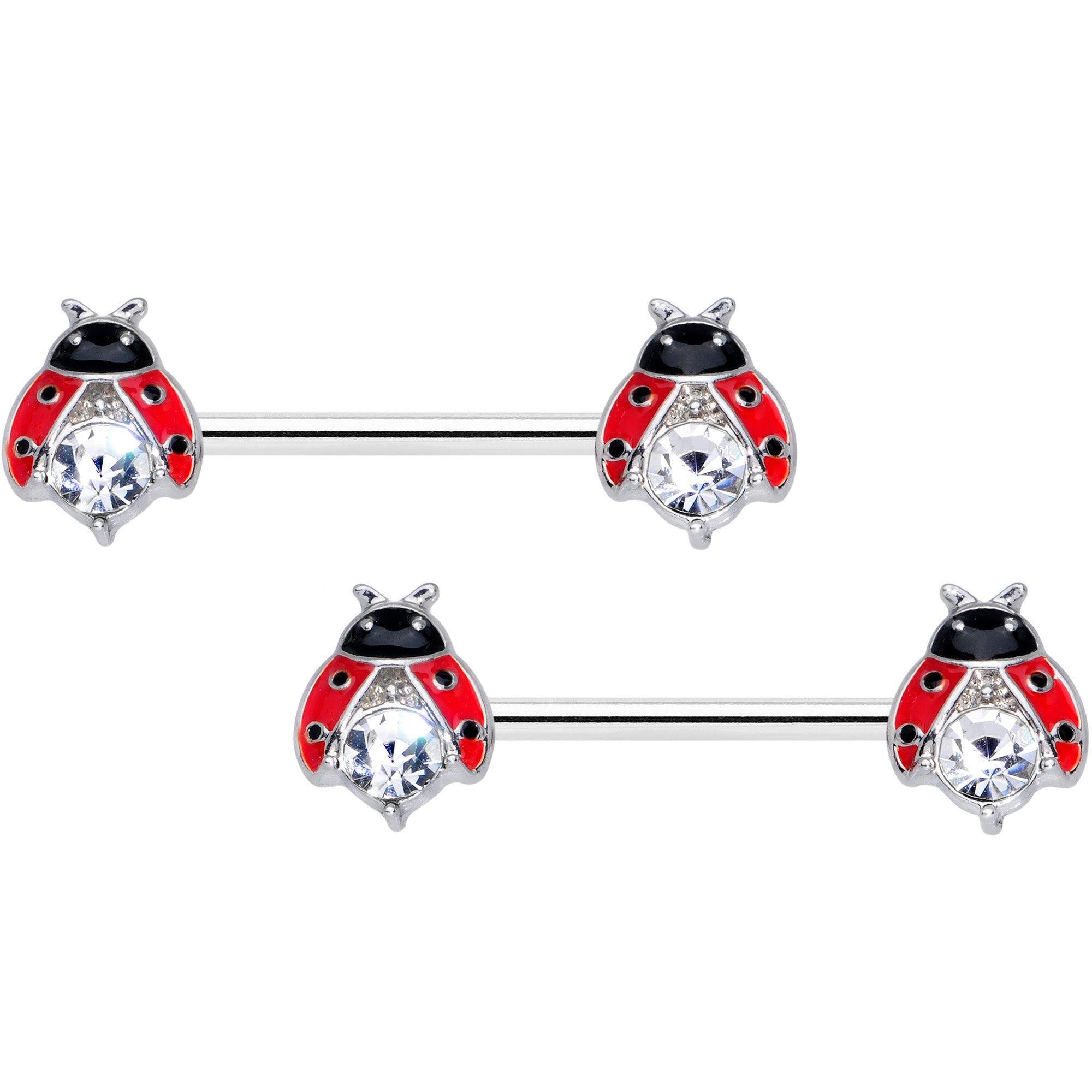 14G 9/16 Clear Gem Red Black Ladybug Barbell Nipple Ring Set