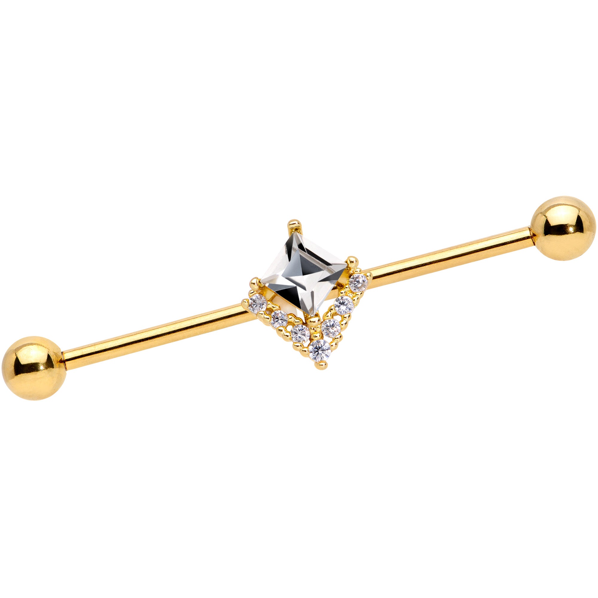 14G Clear CZ Gem Gold Tone Chevron Industrial Barbell 38mm