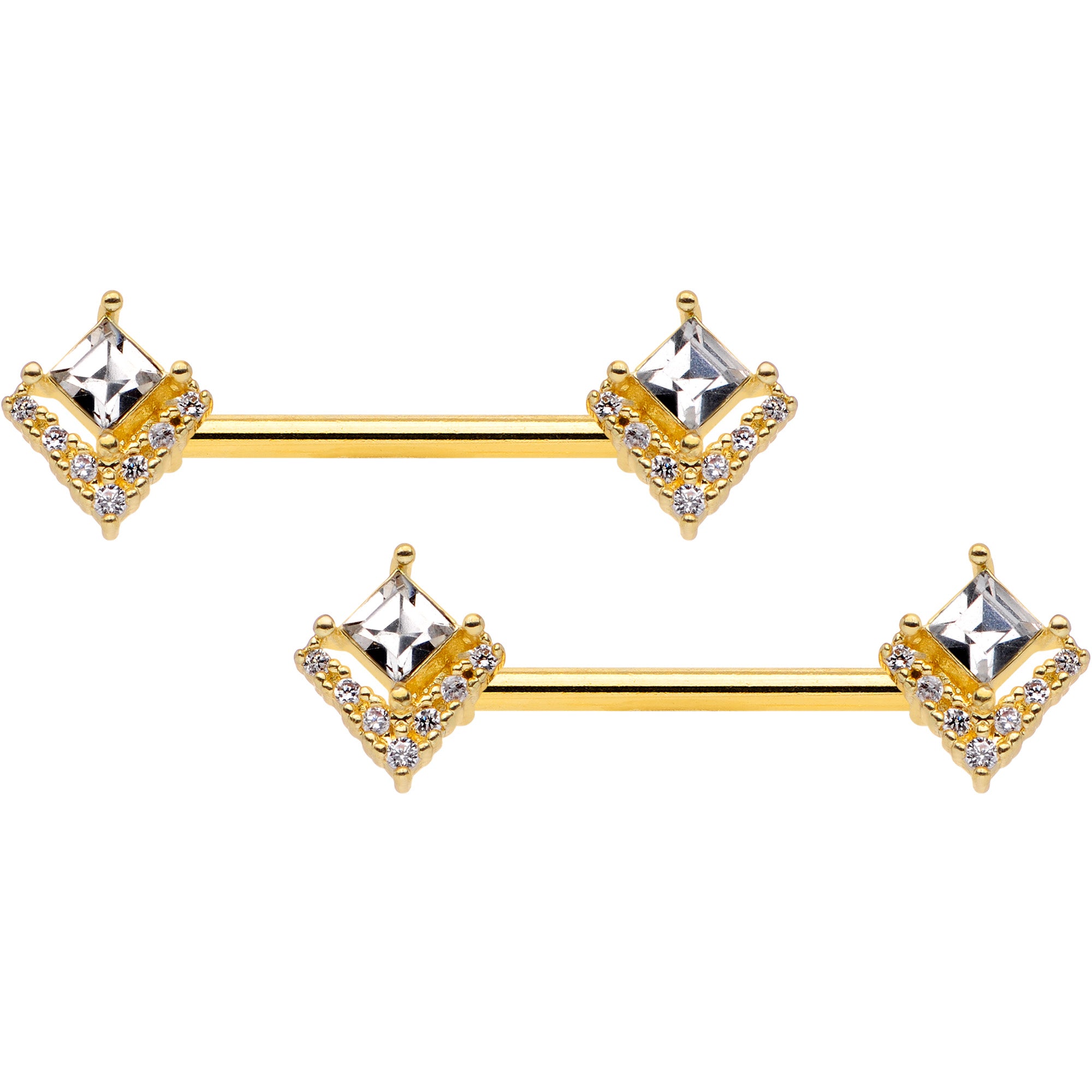 14G 9/16 Clear CZ Gem Gold Tone Chevron Barbell Nipple Ring Set
