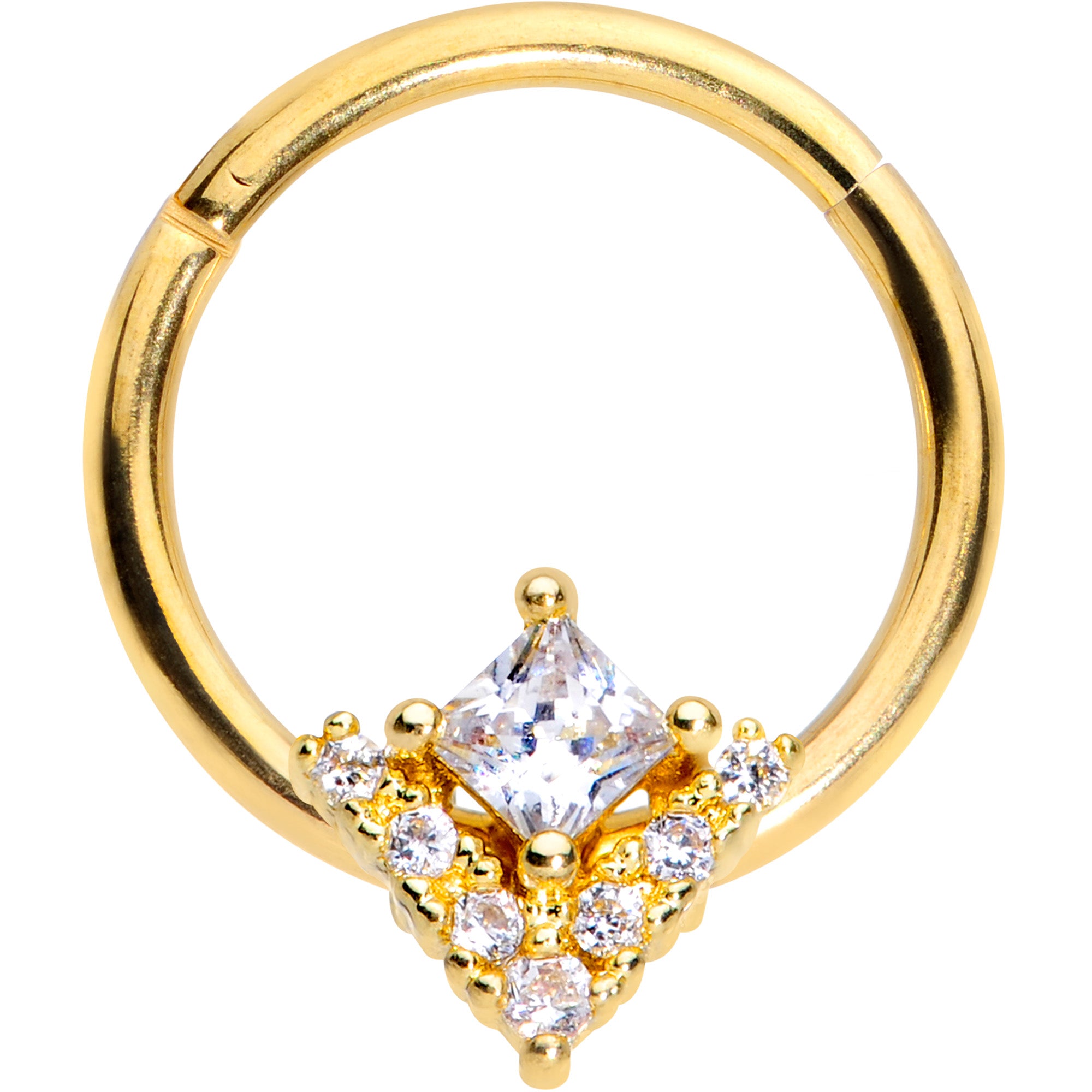 16G 3/8 Clear CZ Gem Gold Tone Vivid Vee Hinged Segment Ring